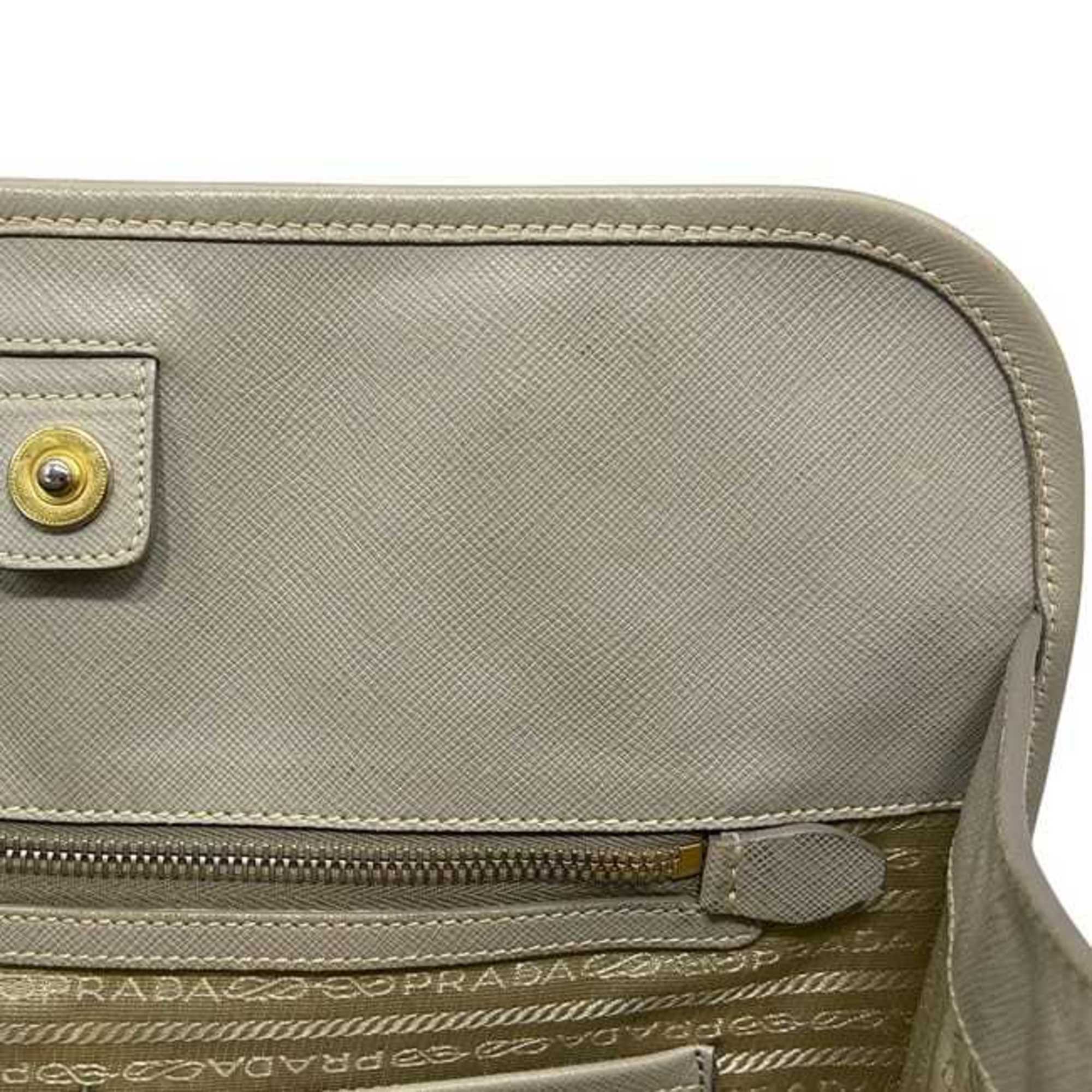 Prada Saffiano Beige Leather Handbag Shoulder Bag (Pre-Owned)