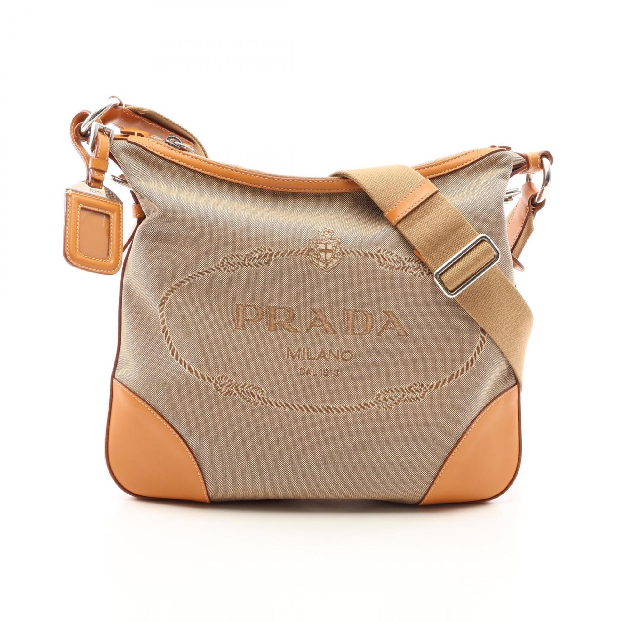Prada Beige Canvas Leather Handbag Shoulder Bag (Pre-Owned)