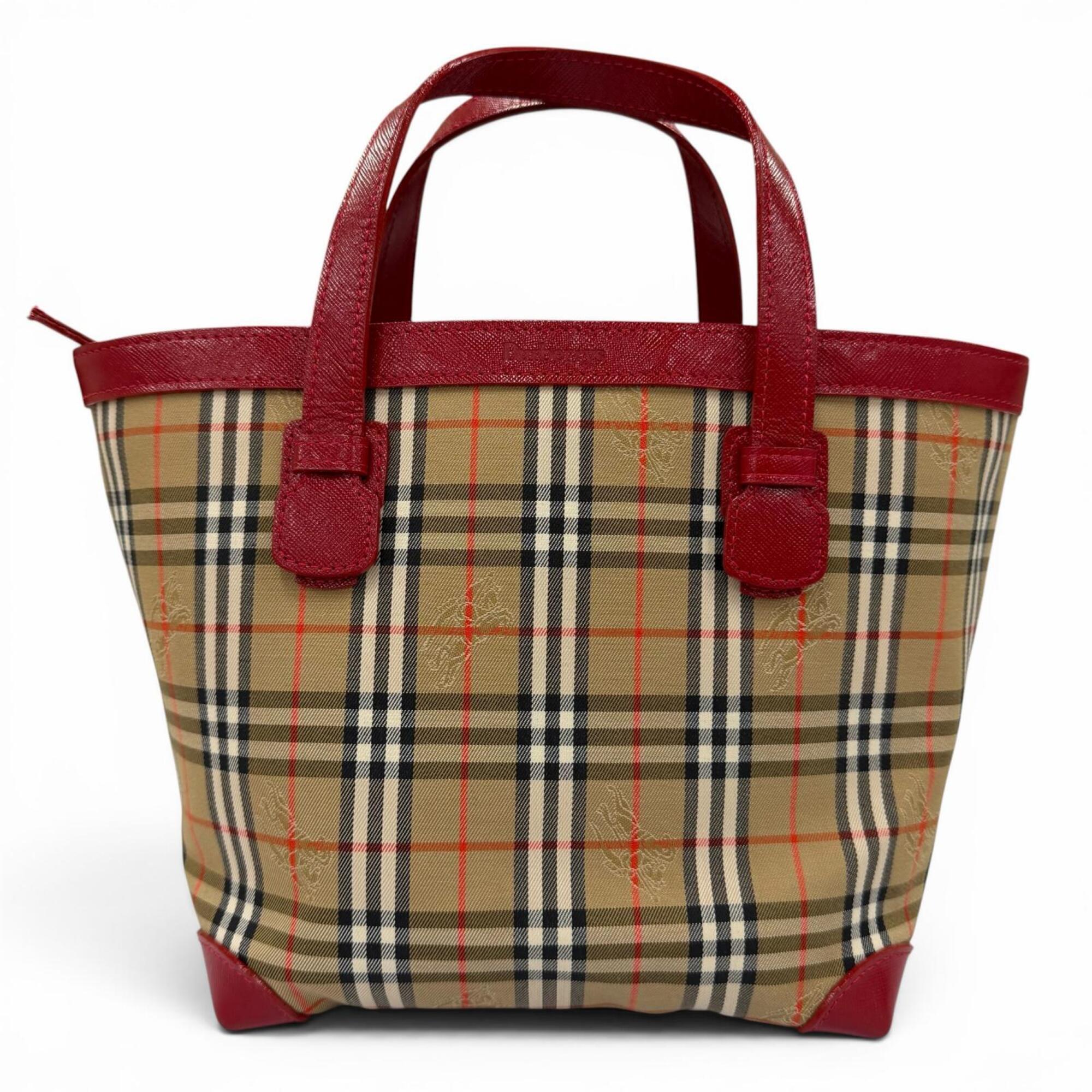 Burberry Brown Red Color Canvas Leather Handbag (Pre-Owned)