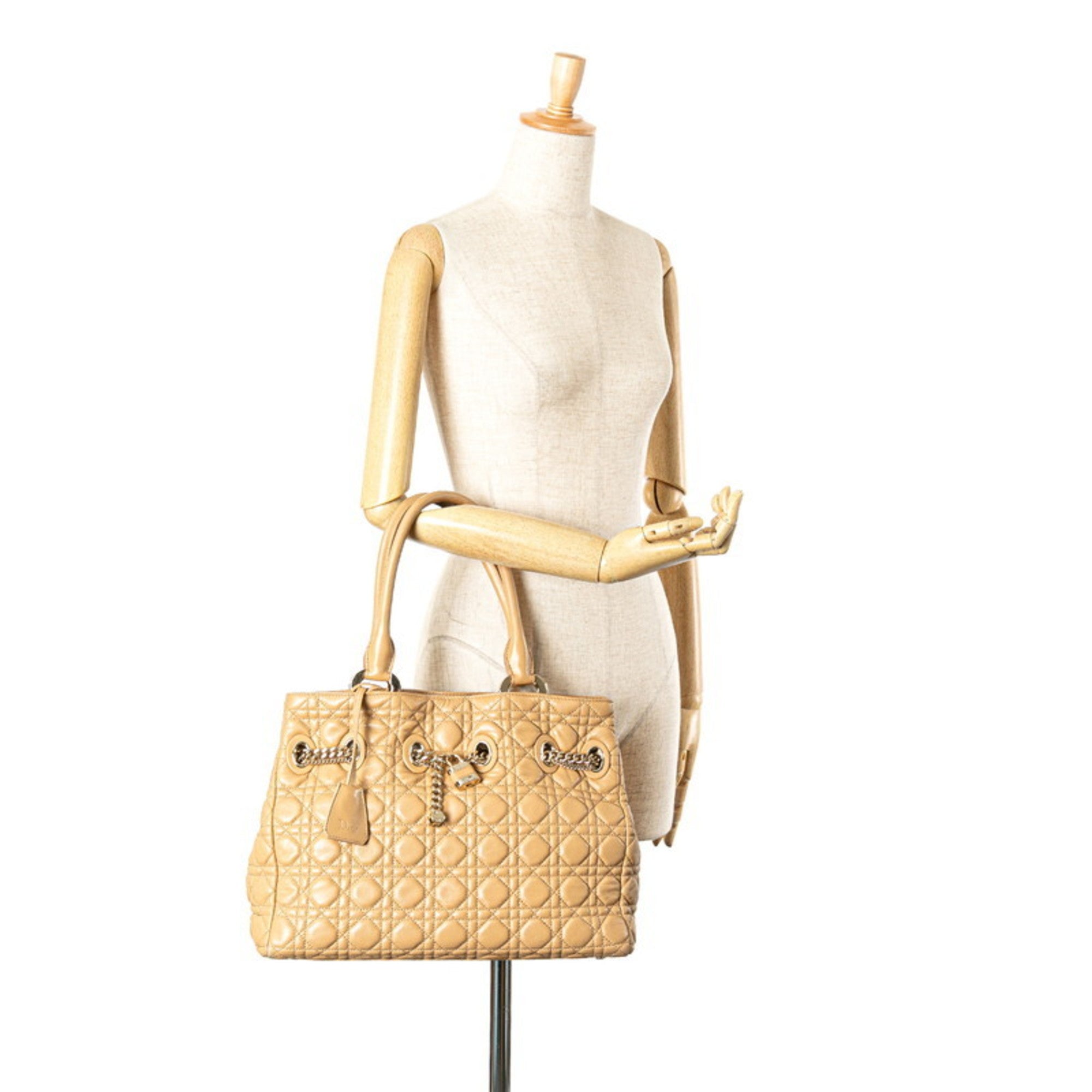 Christian Dior Lady Dior Beige Brown Leather Handbag Tote Bag (Pre-Owned)