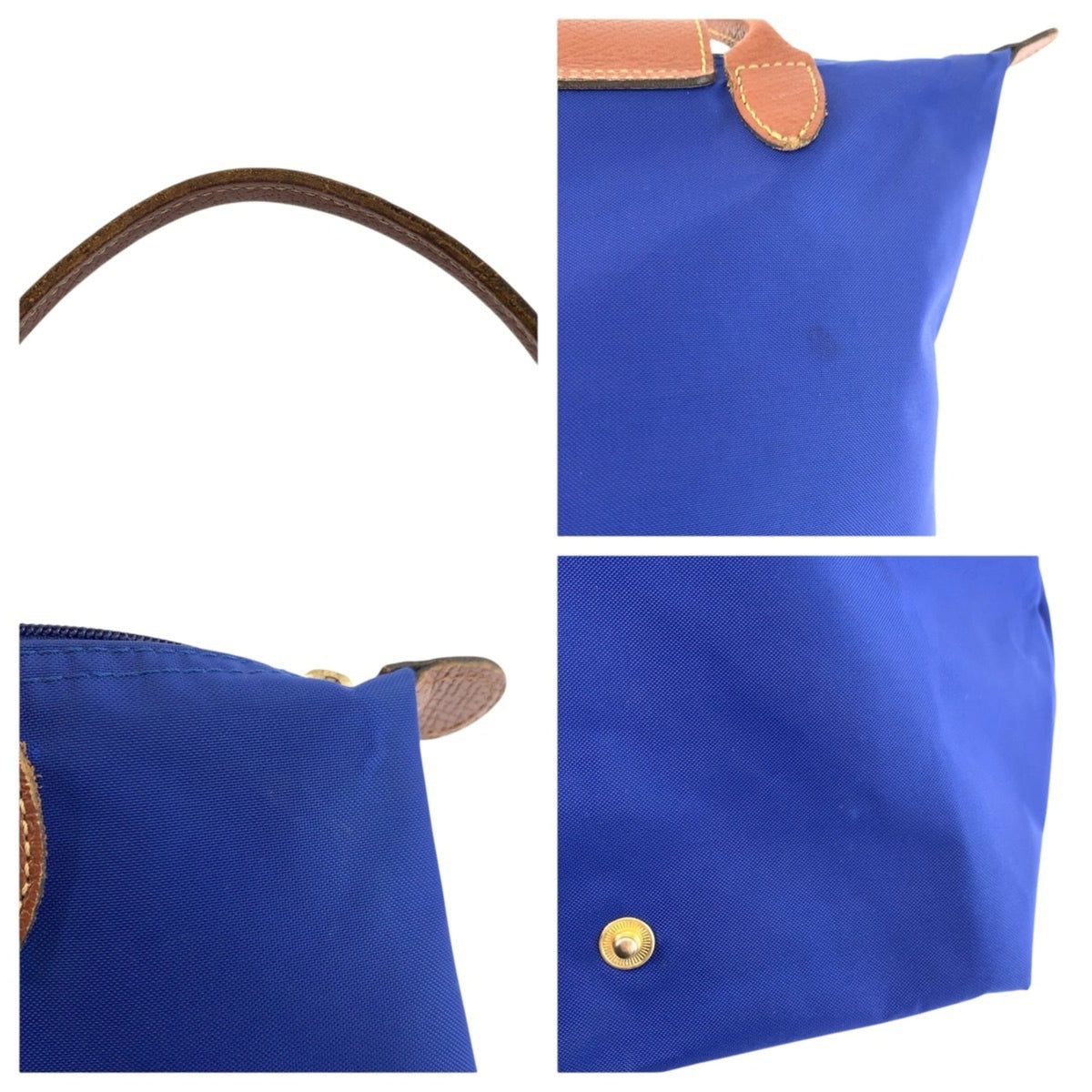 Longchamp Blue Brown Nylon Leather Handbag Tote Bag (Pre-Owned)