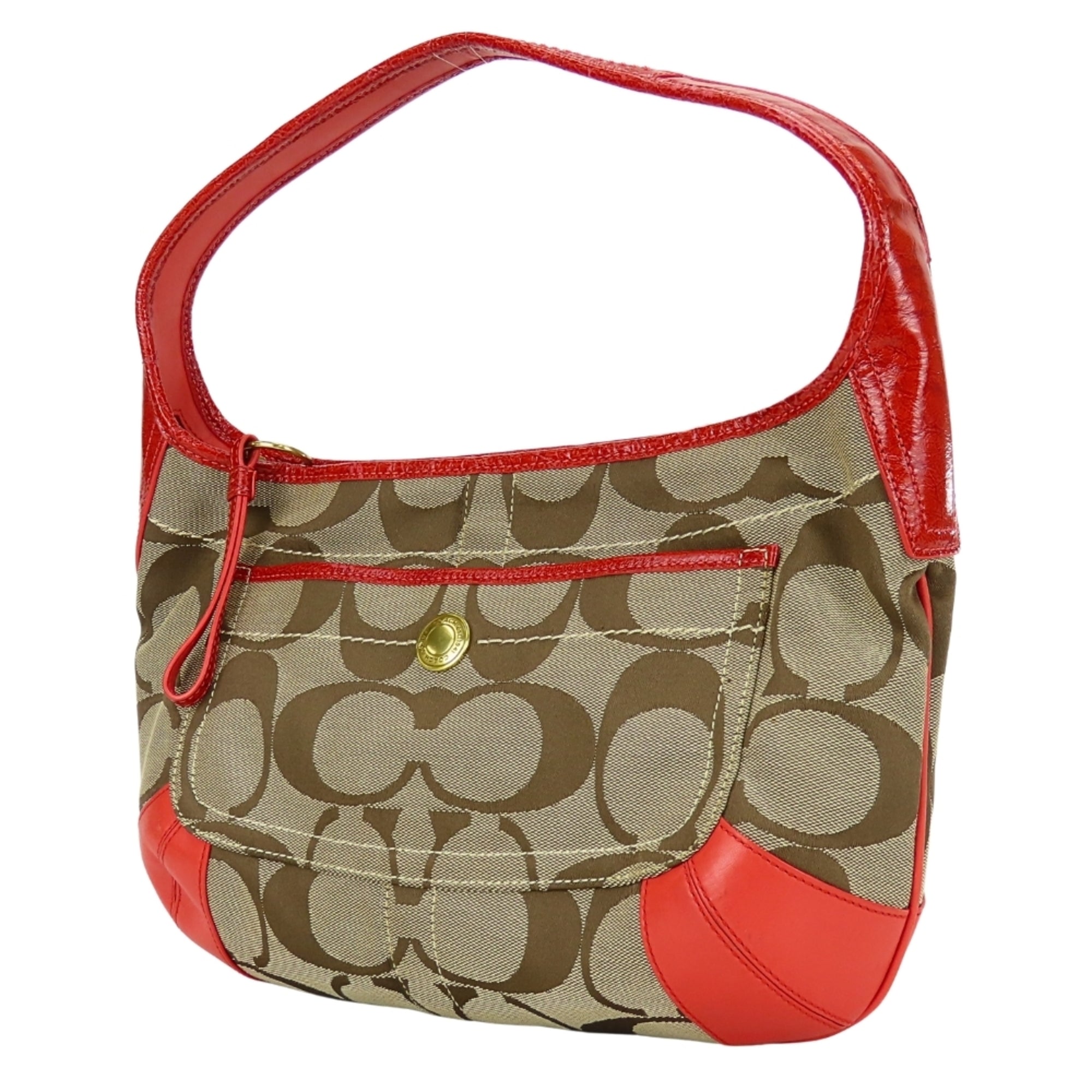 Coach Signature Beige Pink Red Color Canvas Leather Shoulder Bag (Pre-Owned)