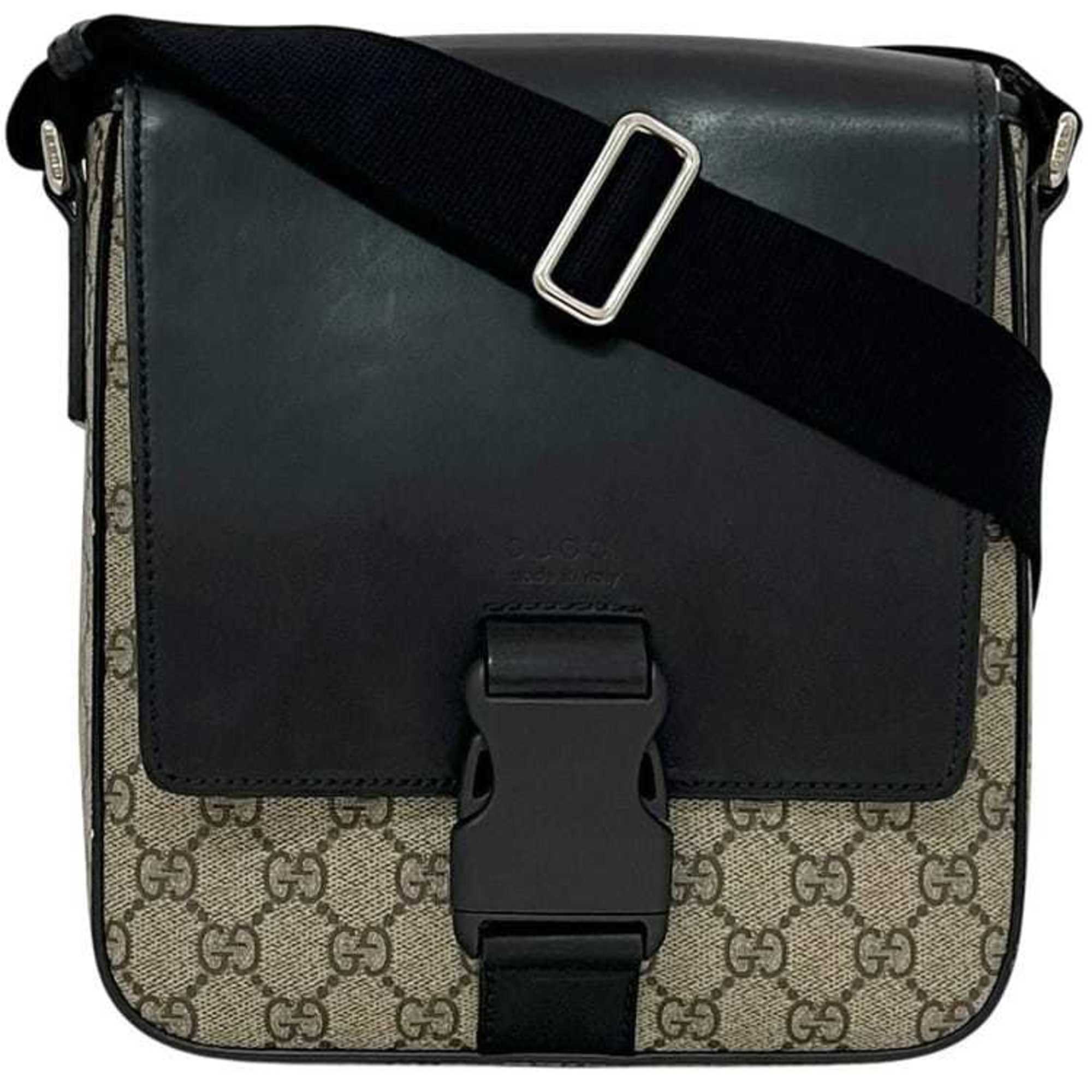 Gucci Beige Black Gg Supreme Leather Shoulder Bag (Pre-Owned)
