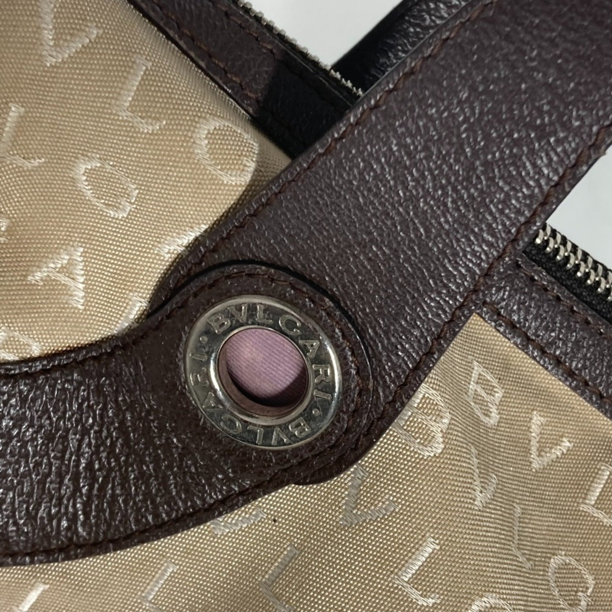 Bvlgari Beige Dark Brown Leather Canvas Boston Bag Shoulder Bag (Pre-Owned)