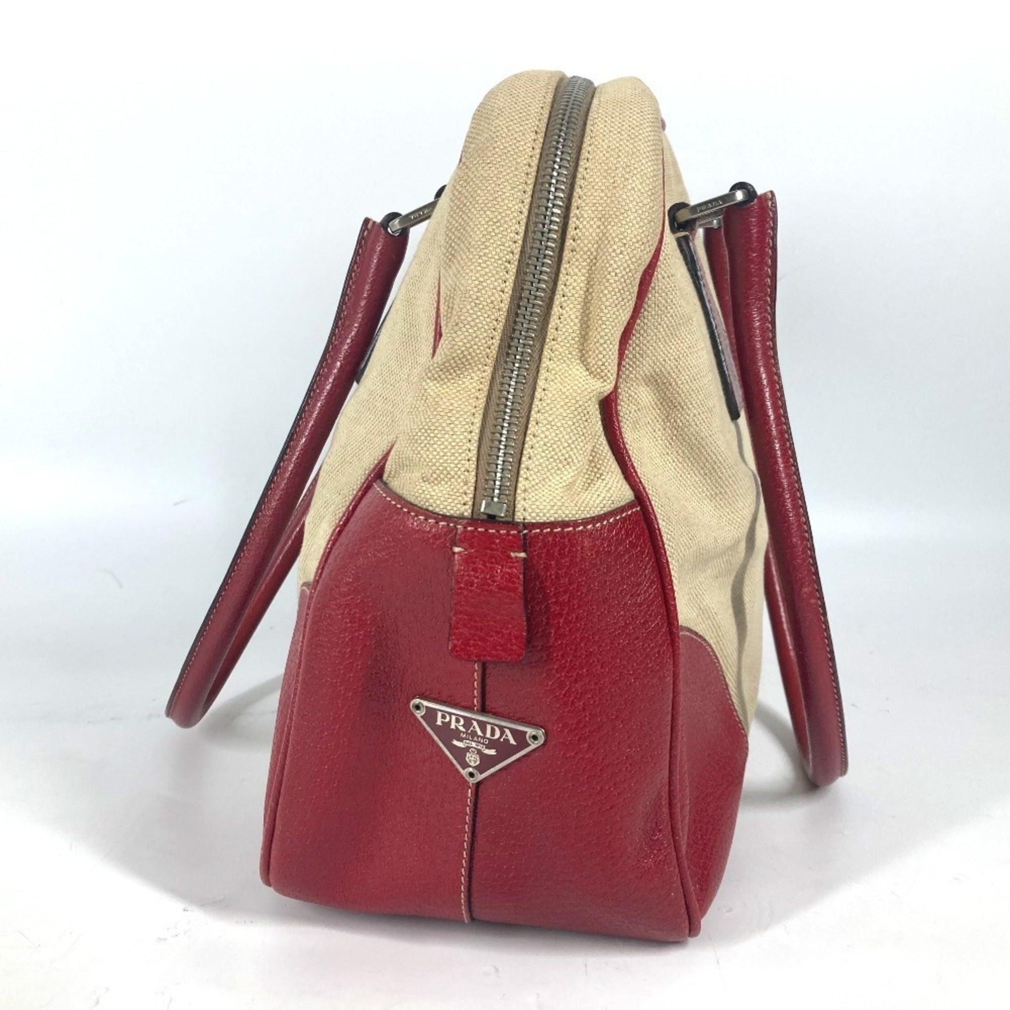 Prada Beige Red Color Leather Canvas Boston Bag Shoulder Bag (Pre-Owned)