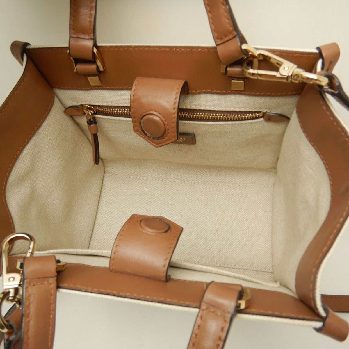 Jimmy Choo Brown Ivory Cotton Canvas Leather Tote Bag (Pre-Owned)