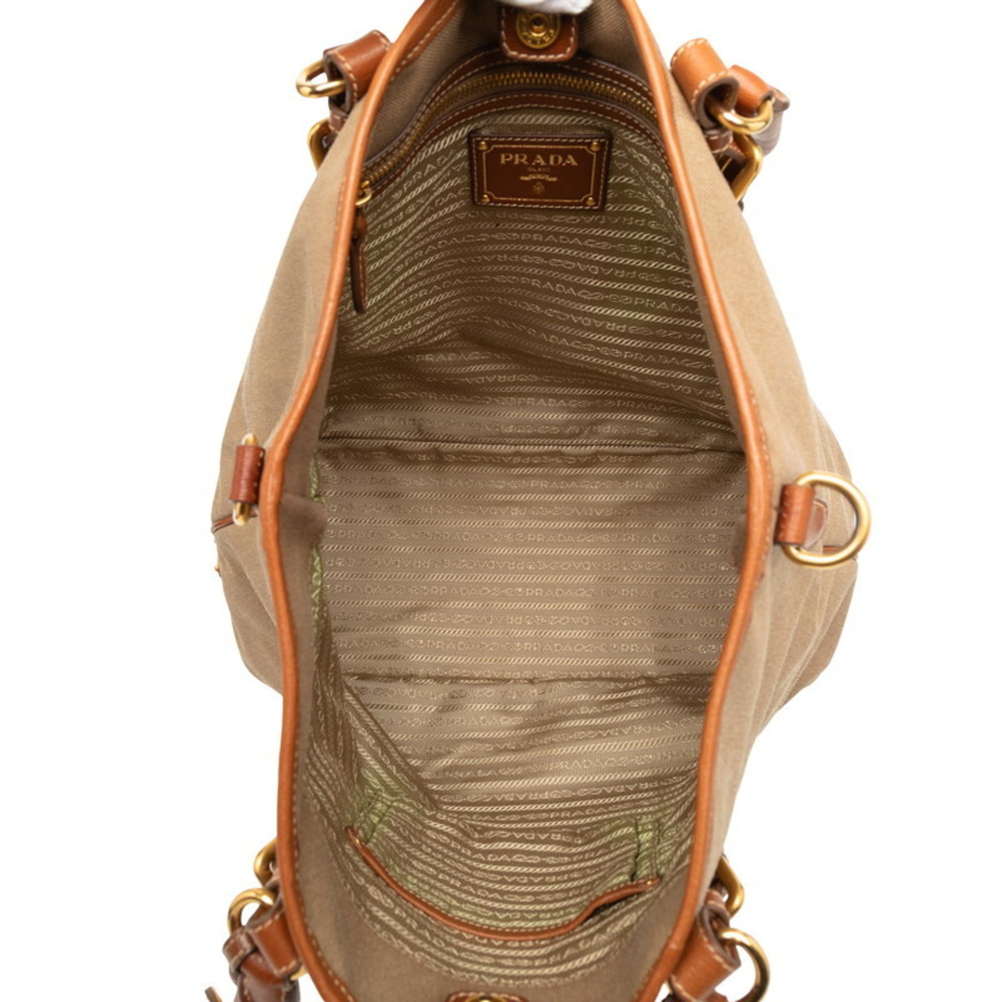 Prada Beige Brown Canvas Leather Shoulder Bag Tote Bag (Pre-Owned)