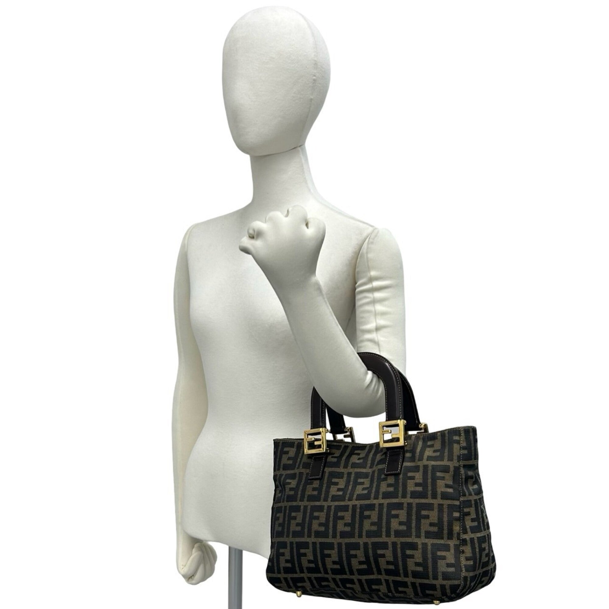 Fendi Black Brown Canvas Leather Handbag Tote Bag (Pre-Owned)