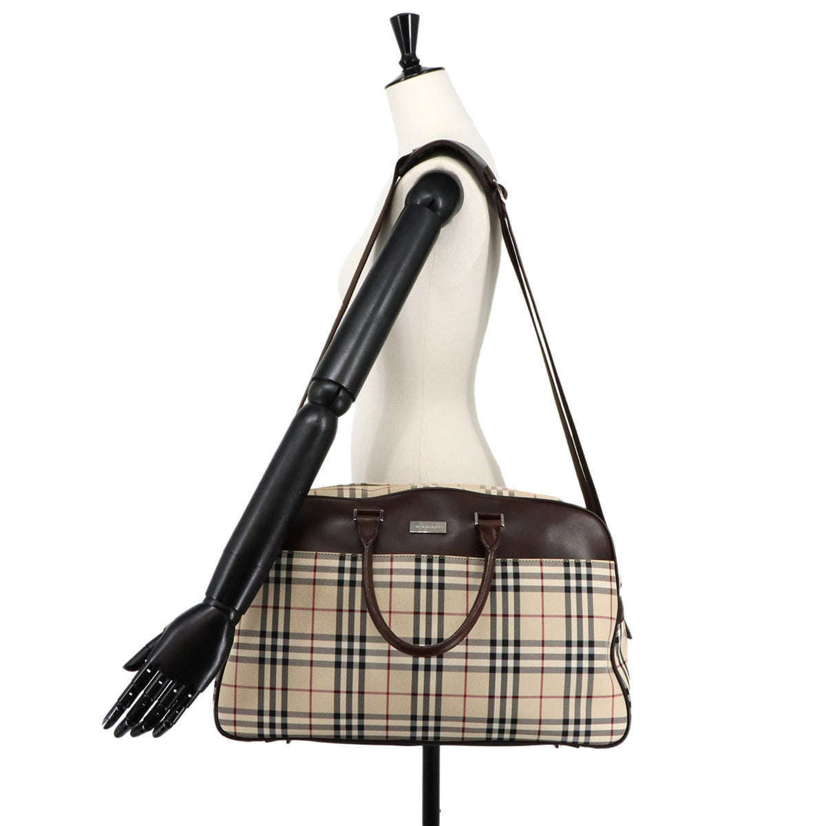 Burberry Beige Brown Canvas Leather Boston Bag Handbag (Pre-Owned)