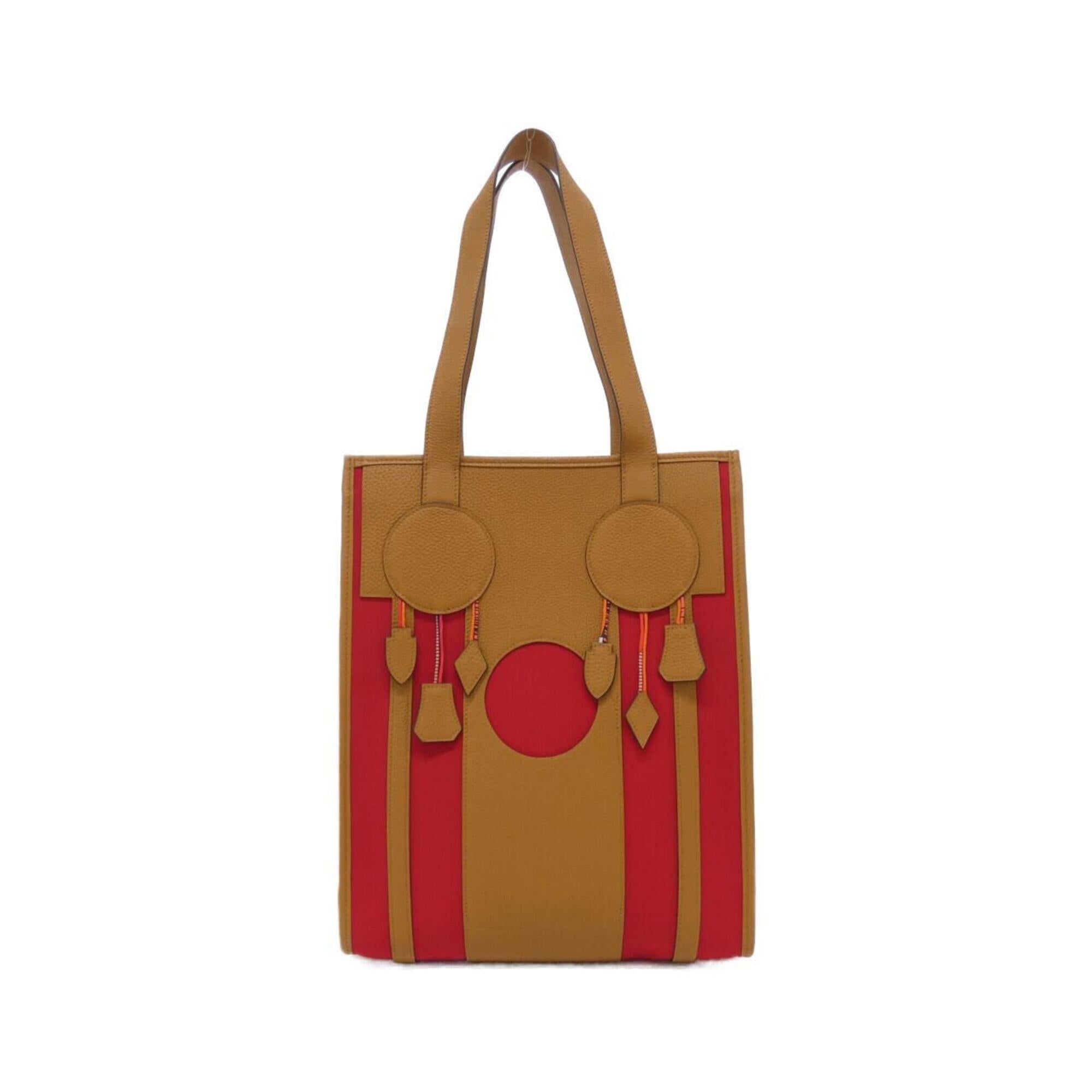 Hermes Beige Brown Red Color Canvas Togo Leather Handbag (Pre-Owned)