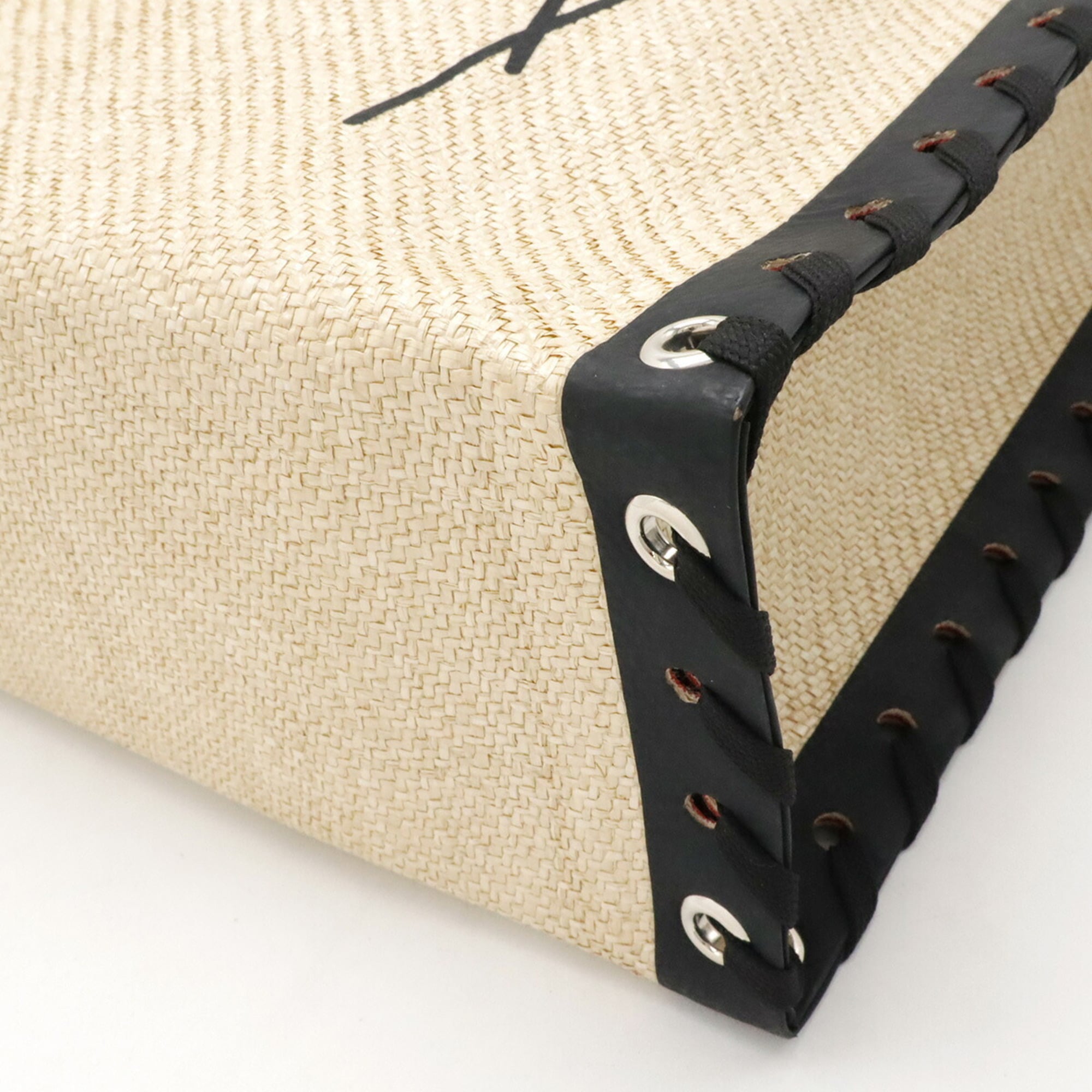 Christian Louboutin Beige Black Red Color Raffia Canvas Leather Shoulder Bag Tote Bag (Pre-Owned)