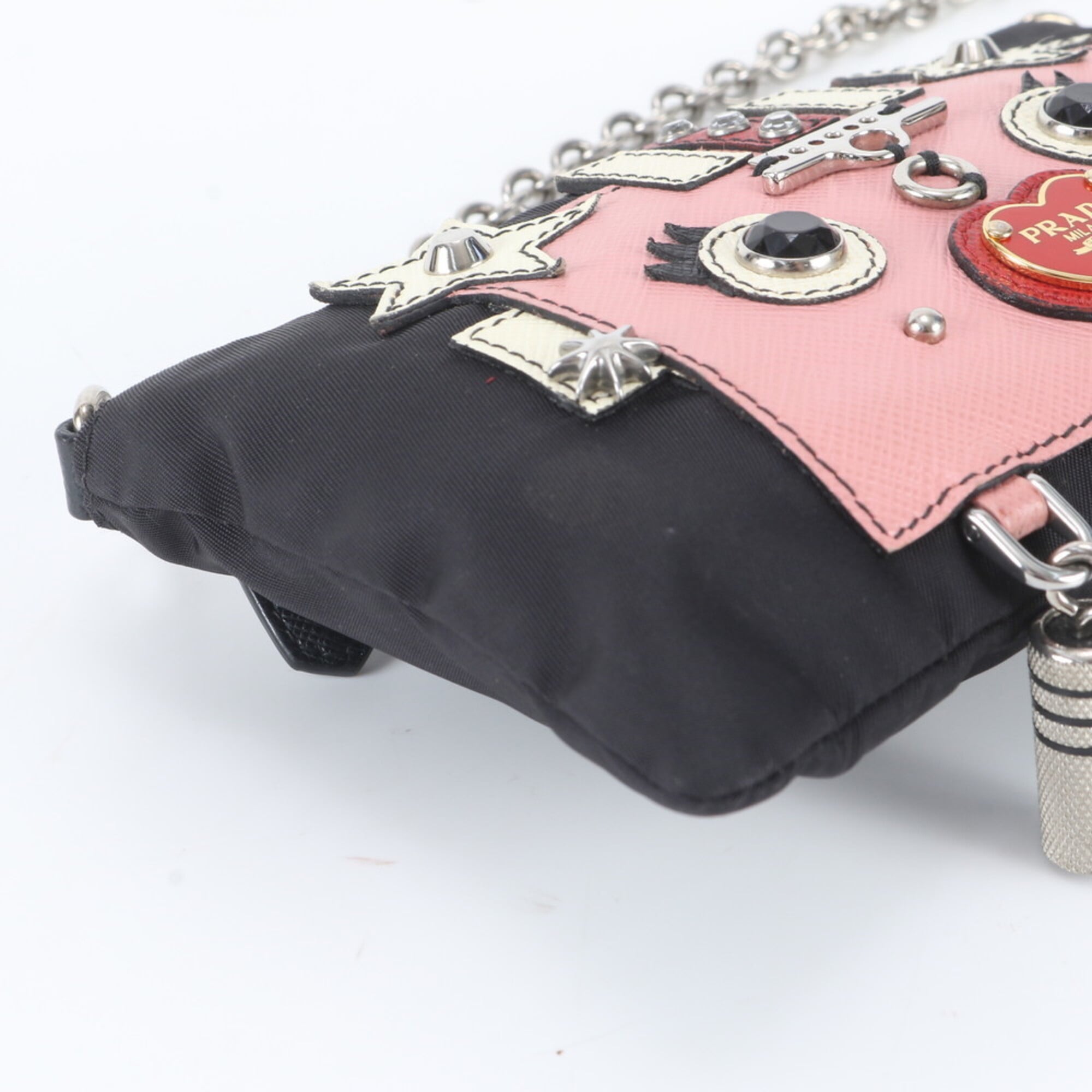Prada Black Pink Leather Nylon Clutch Bag Shoulder Bag (Pre-Owned)