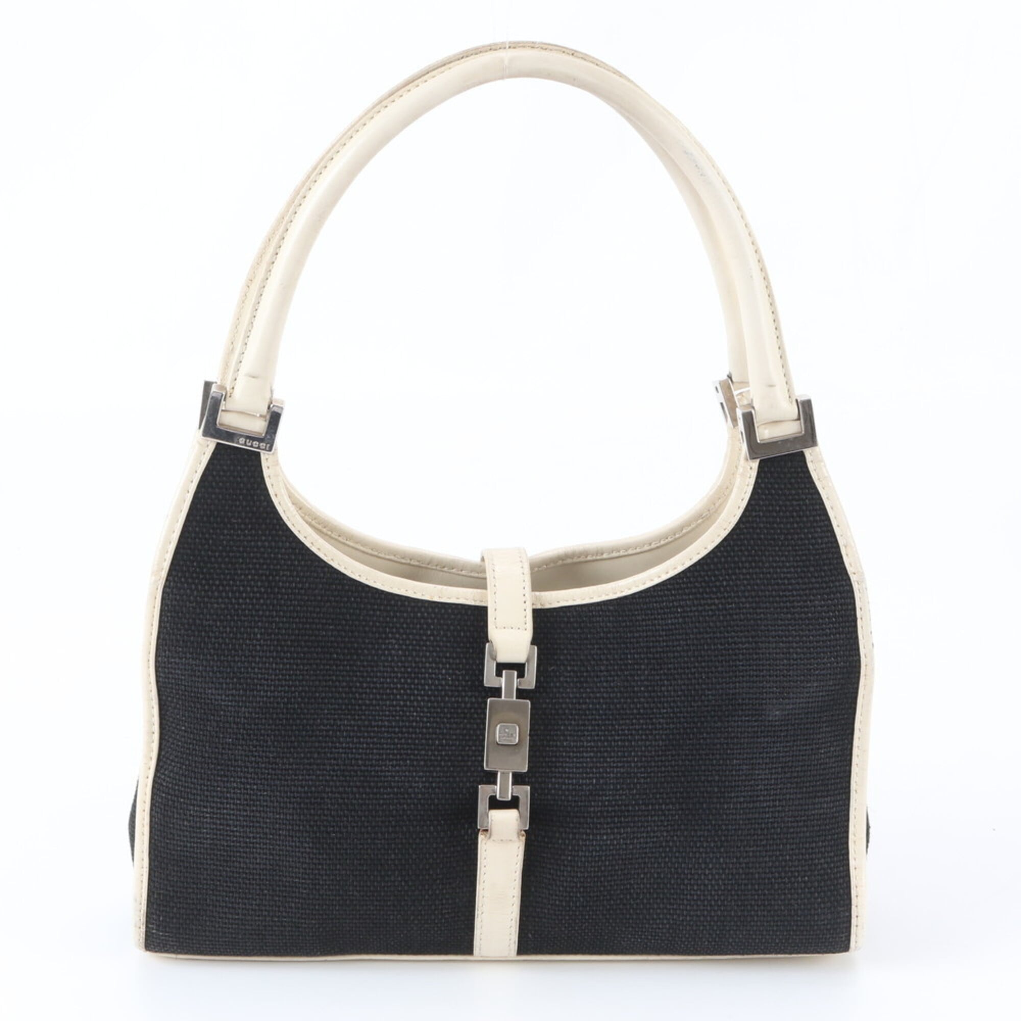 Gucci Jackie Black White Leather Canvas Handbag (Pre-Owned)