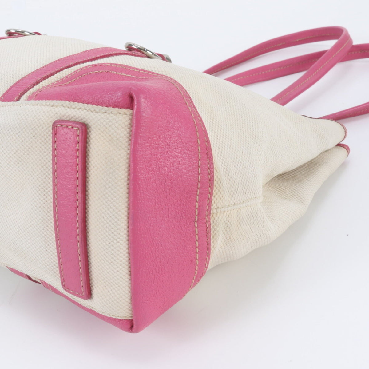 Prada Pink White Leather Canvas Shoulder Bag Tote Bag (Pre-Owned)