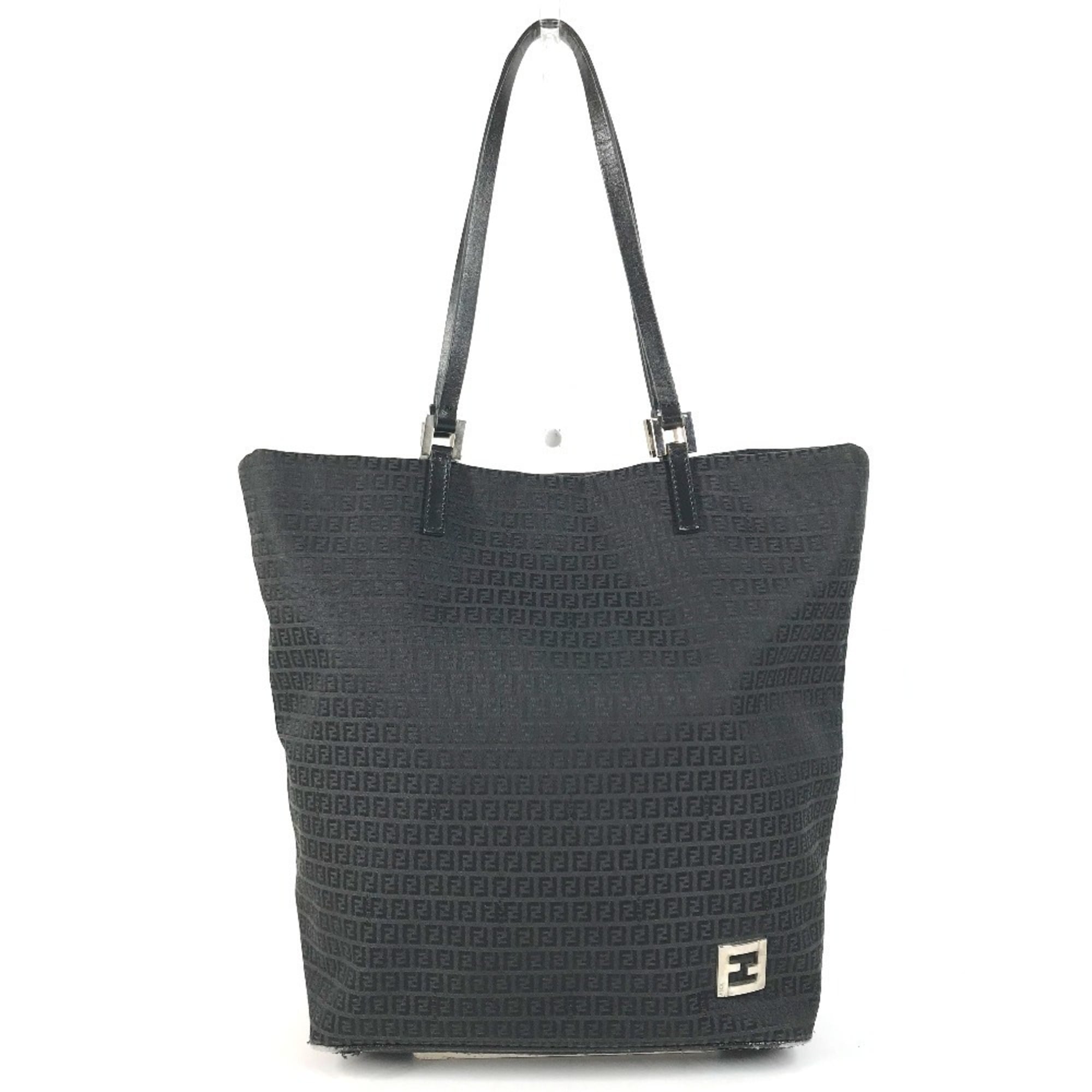 Fendi Zucchino Black Leather Canvas Shoulder Bag Tote Bag (Pre-Owned)