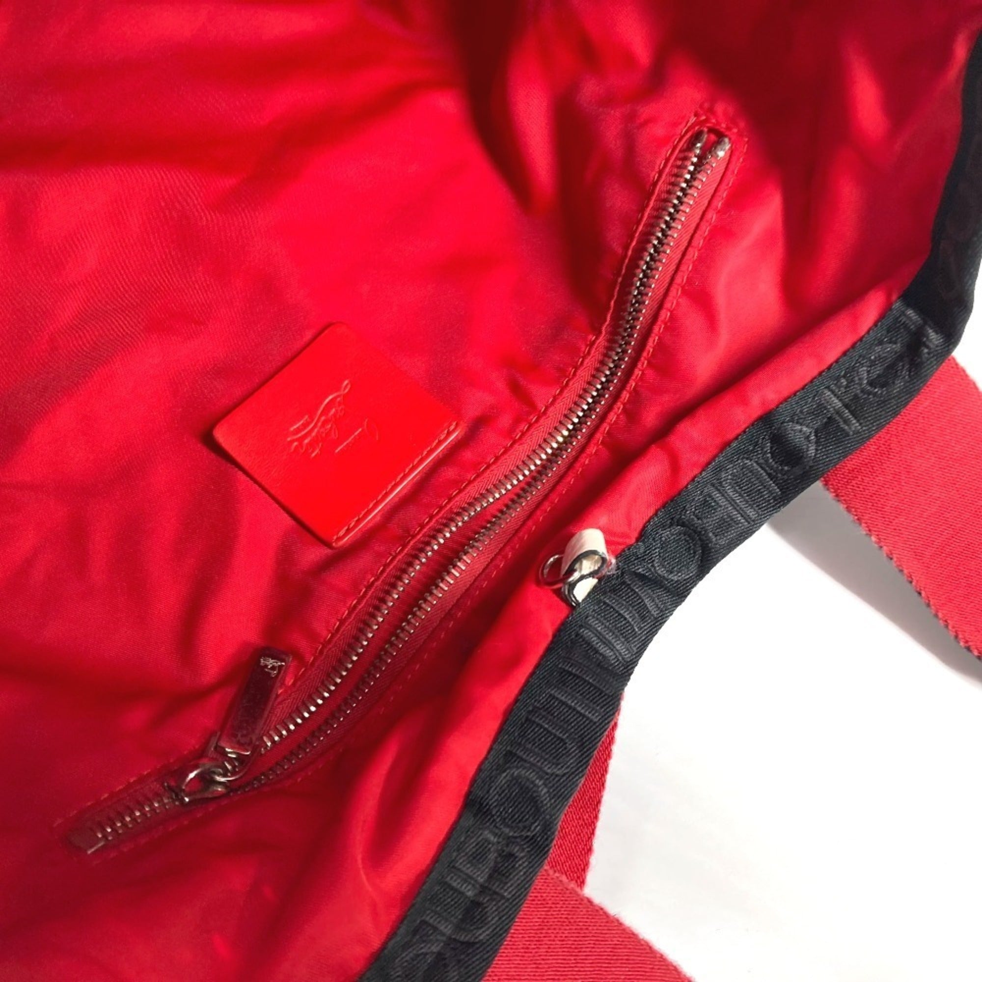 Christian Louboutin Black Red Color White Nylon Handbag Shoulder Bag Tote Bag (Pre-Owned)