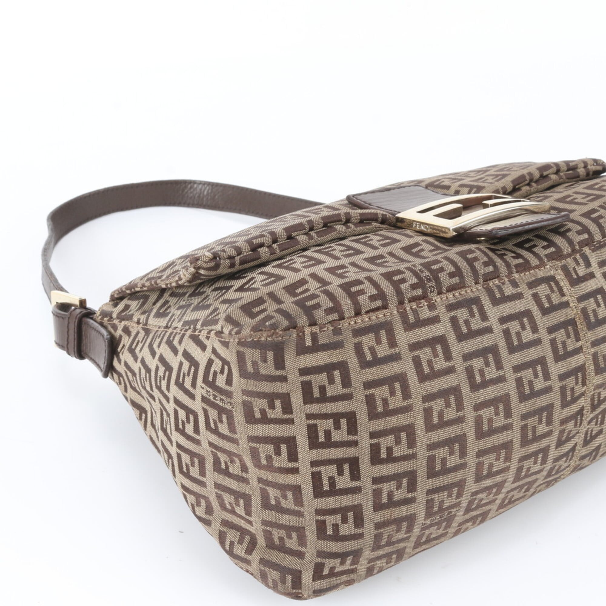 Fendi Brown Leather Canvas Shoulder Bag (Pre-Owned)