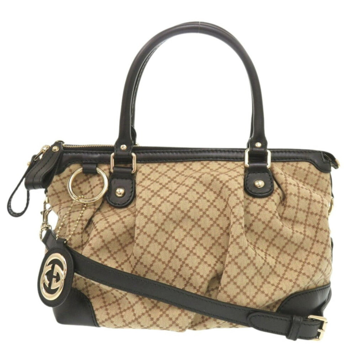 Gucci Beige Black Gg Canvas Leather Handbag (Pre-Owned)