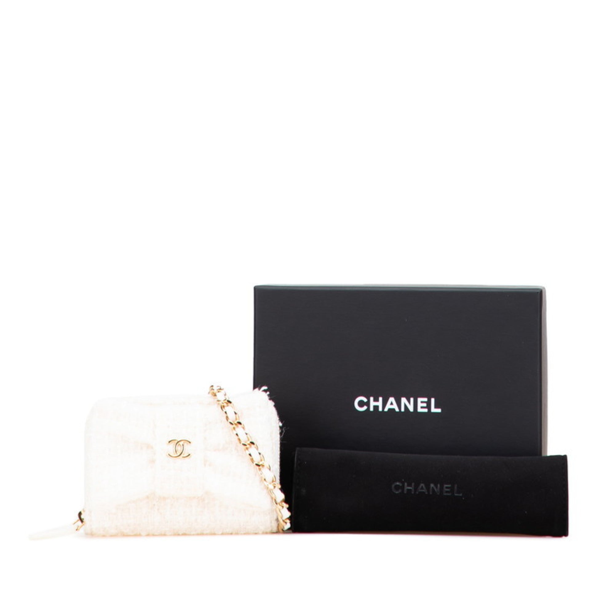 Chanel White Tweed Leather Chain/Shoulder Wallet (Pre-Owned)