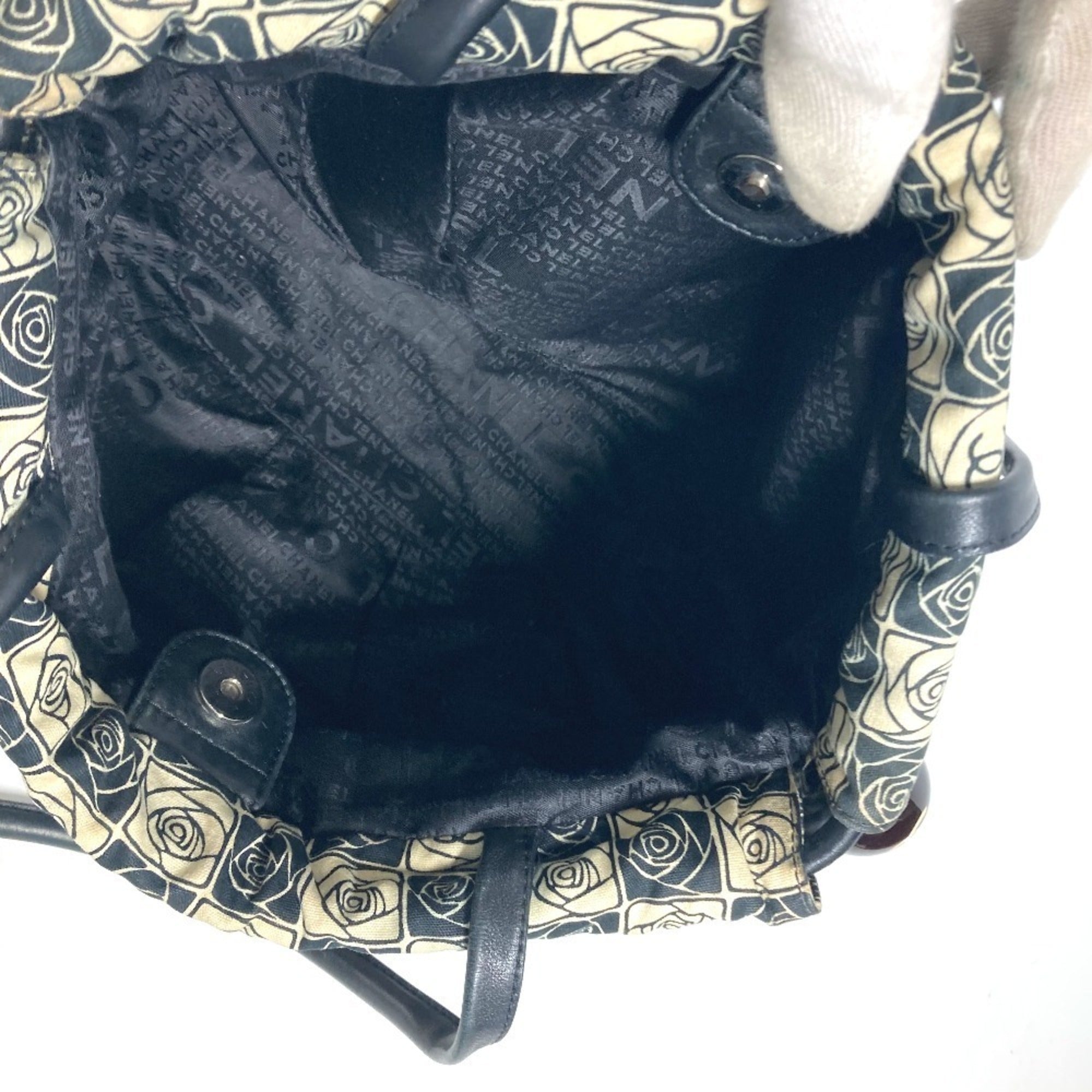 Chanel Beige Black Leather Canvas Shoulder Bag Tote Bag (Pre-Owned)