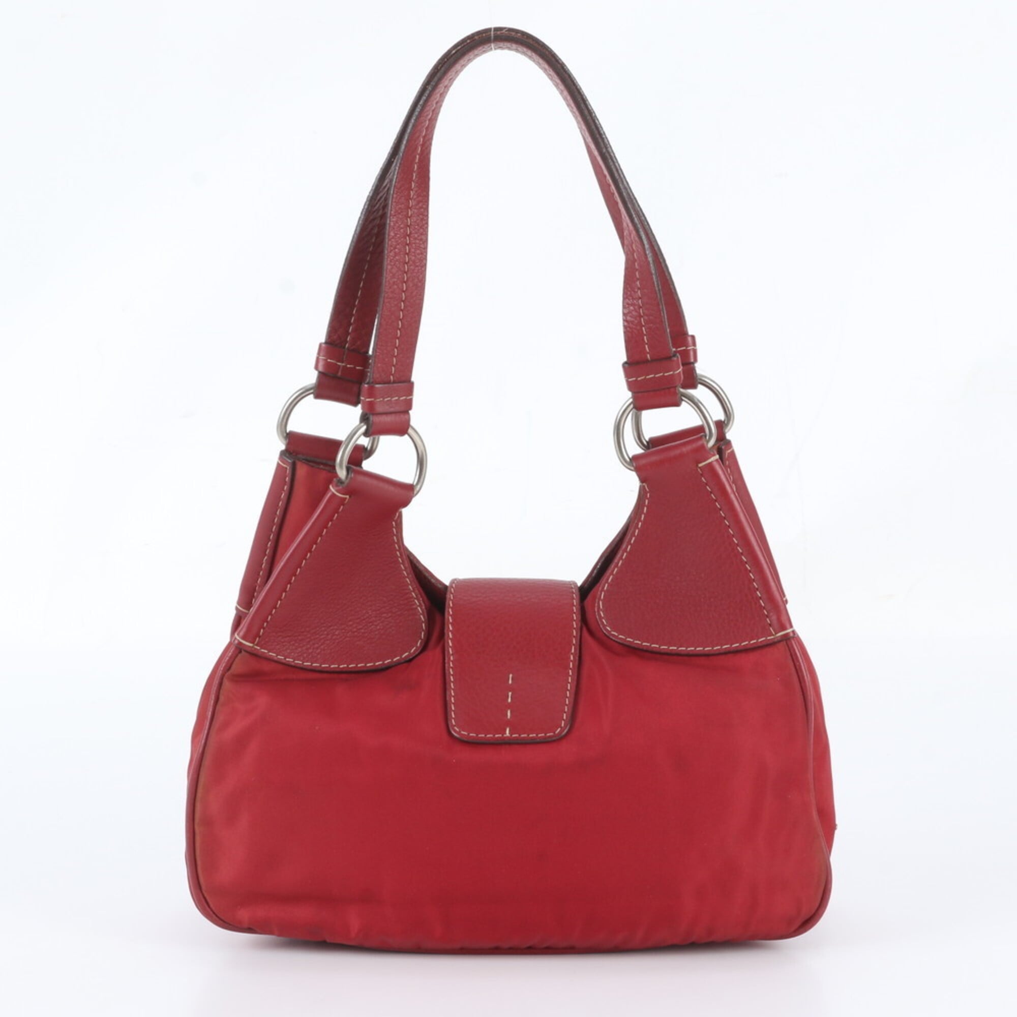 Prada Red Color Leather Nylon Handbag Shoulder Bag Tote Bag (Pre-Owned)