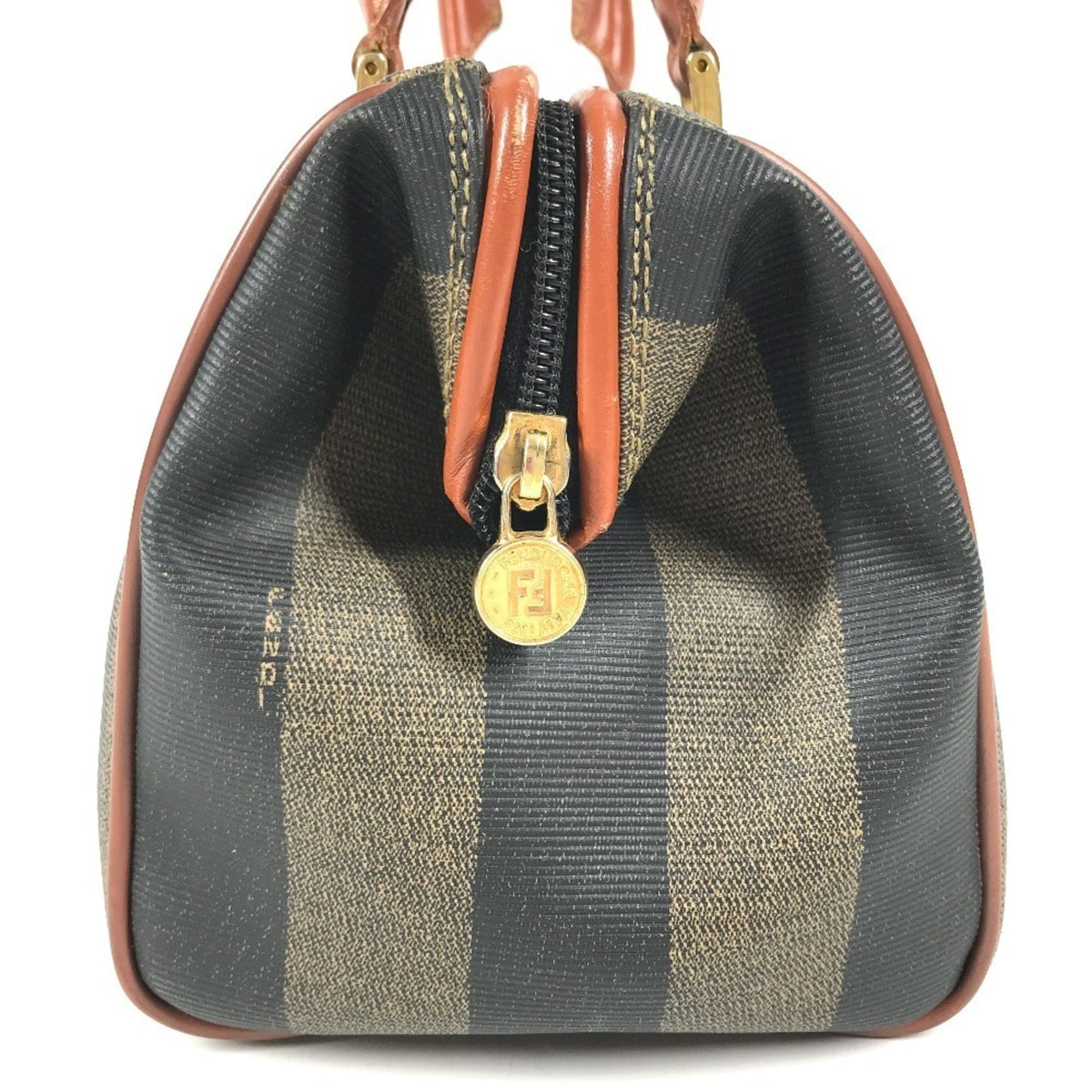 Fendi Pequin Brown Khaki Pvc Leather Boston Bag Handbag (Pre-Owned)