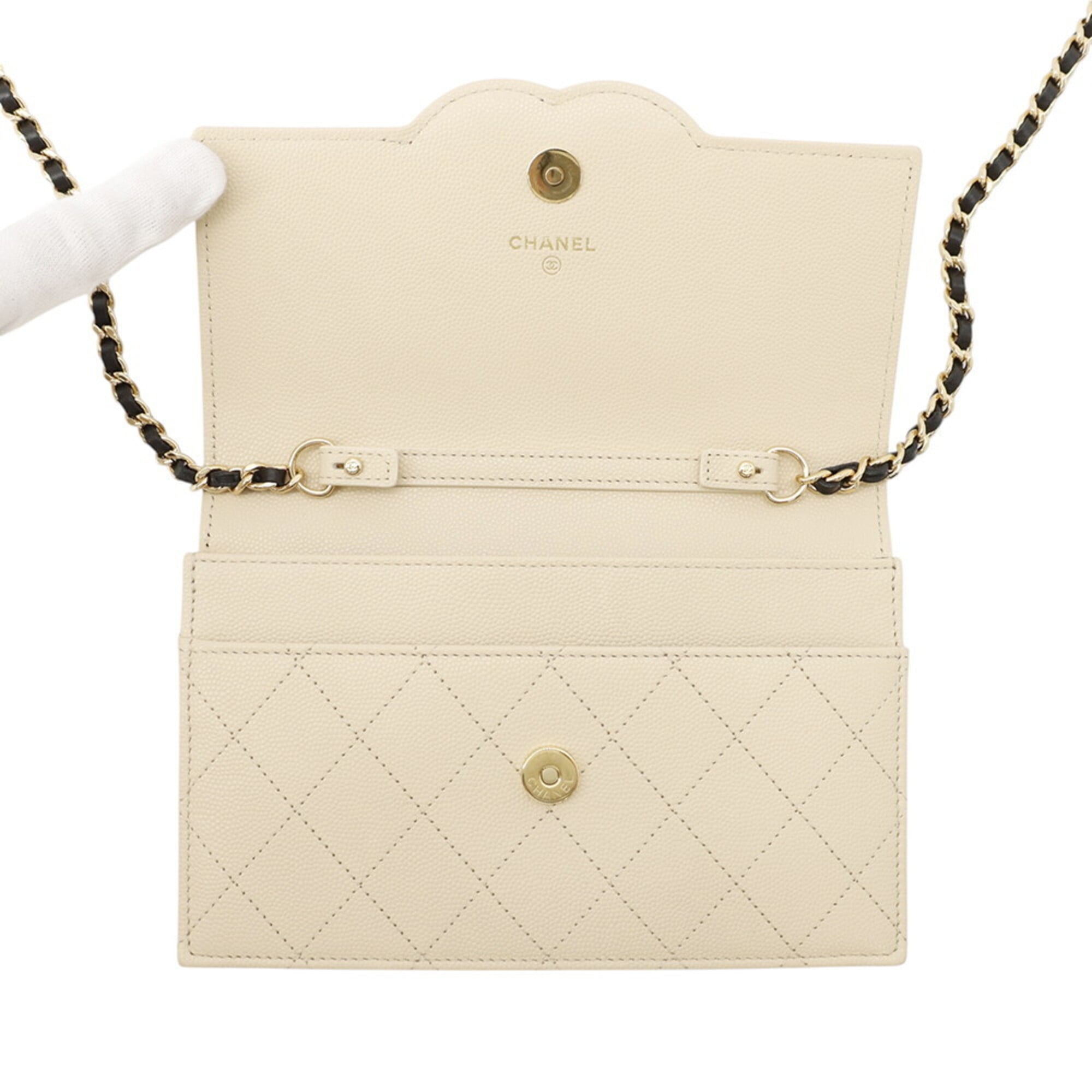 Chanel Beige Black Grained Calfskin Chain/Shoulder Wallet (Pre-Owned)