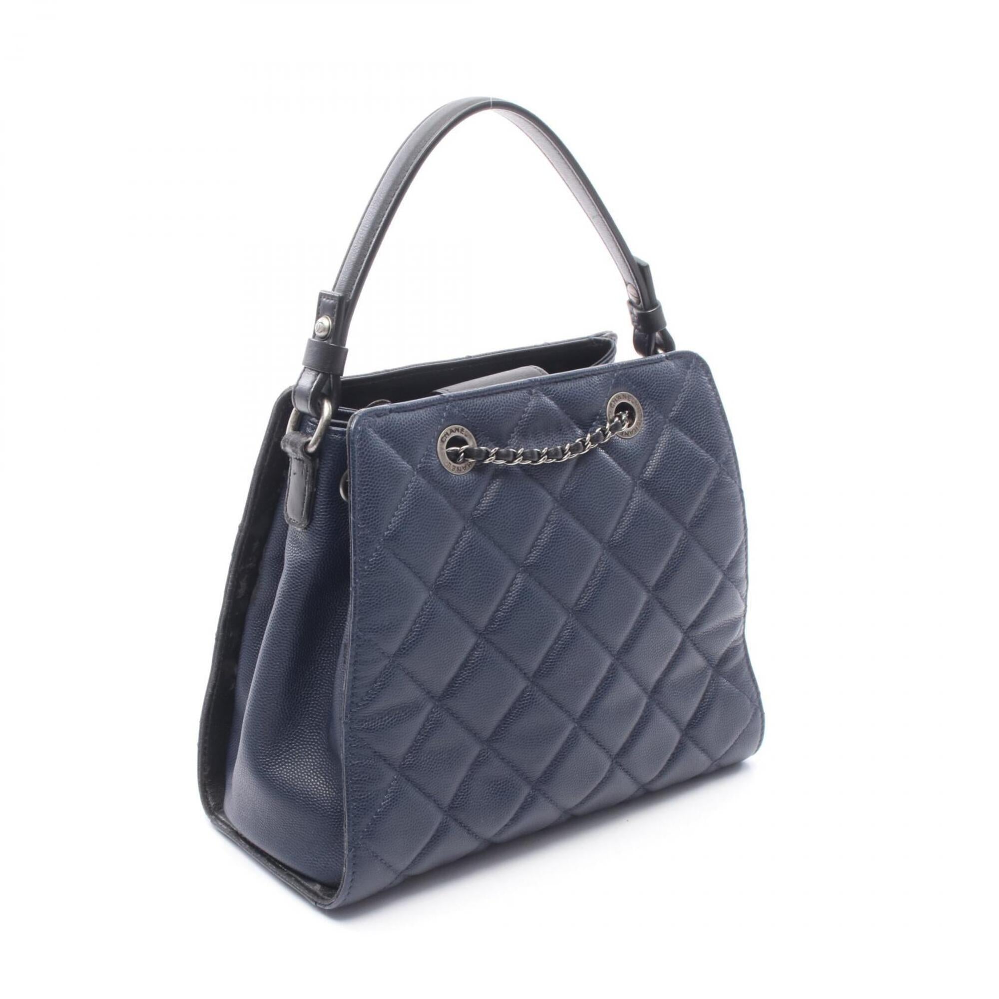 Chanel Black Navy Grained Calfskin Leather Handbag (Pre-Owned)