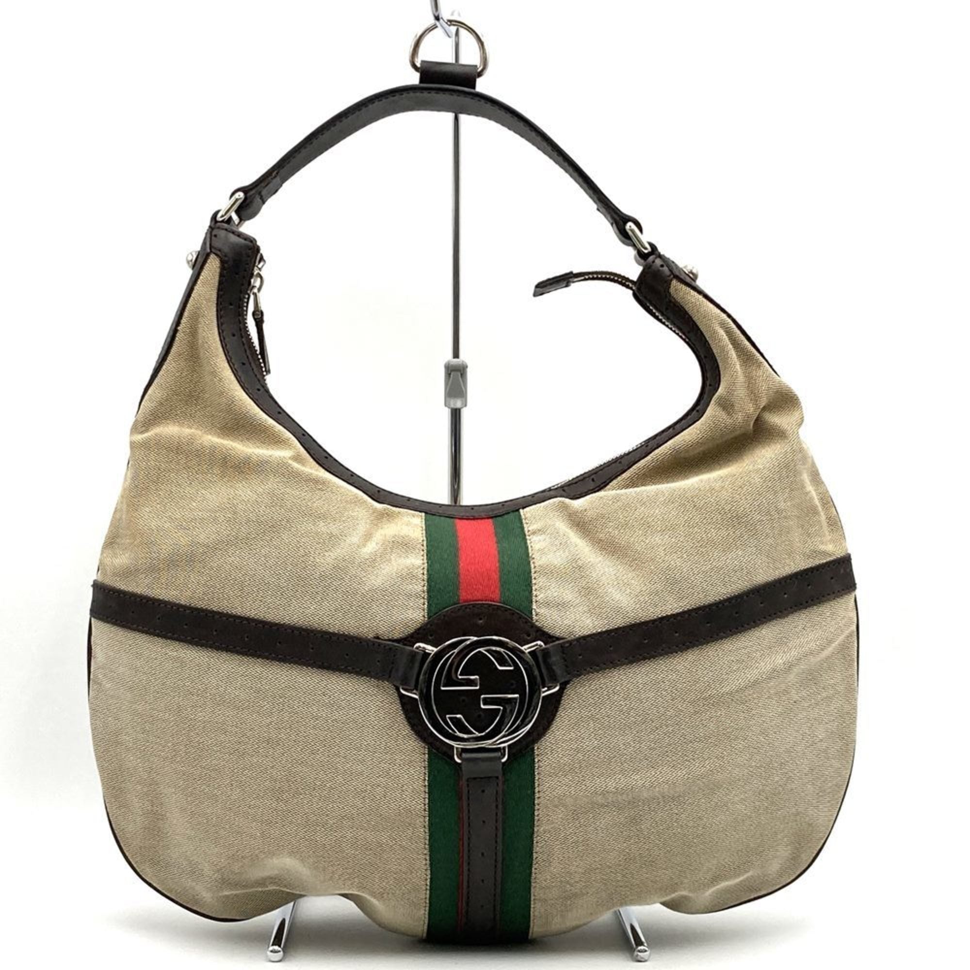 Gucci Beige Canvas Leather Handbag Shoulder Bag (Pre-Owned)