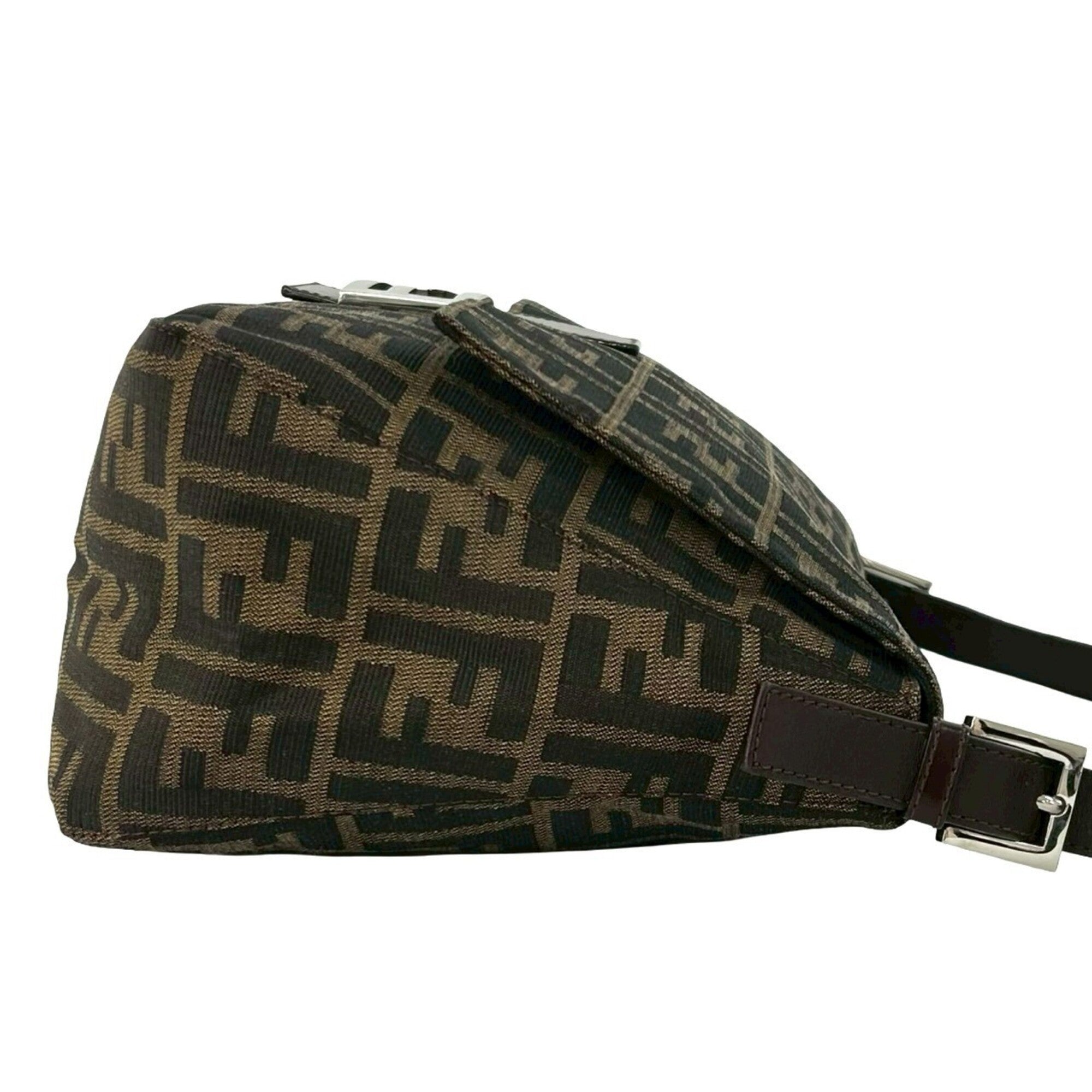Fendi Black Brown Khaki Canvas Leather Handbag Shoulder Bag (Pre-Owned)