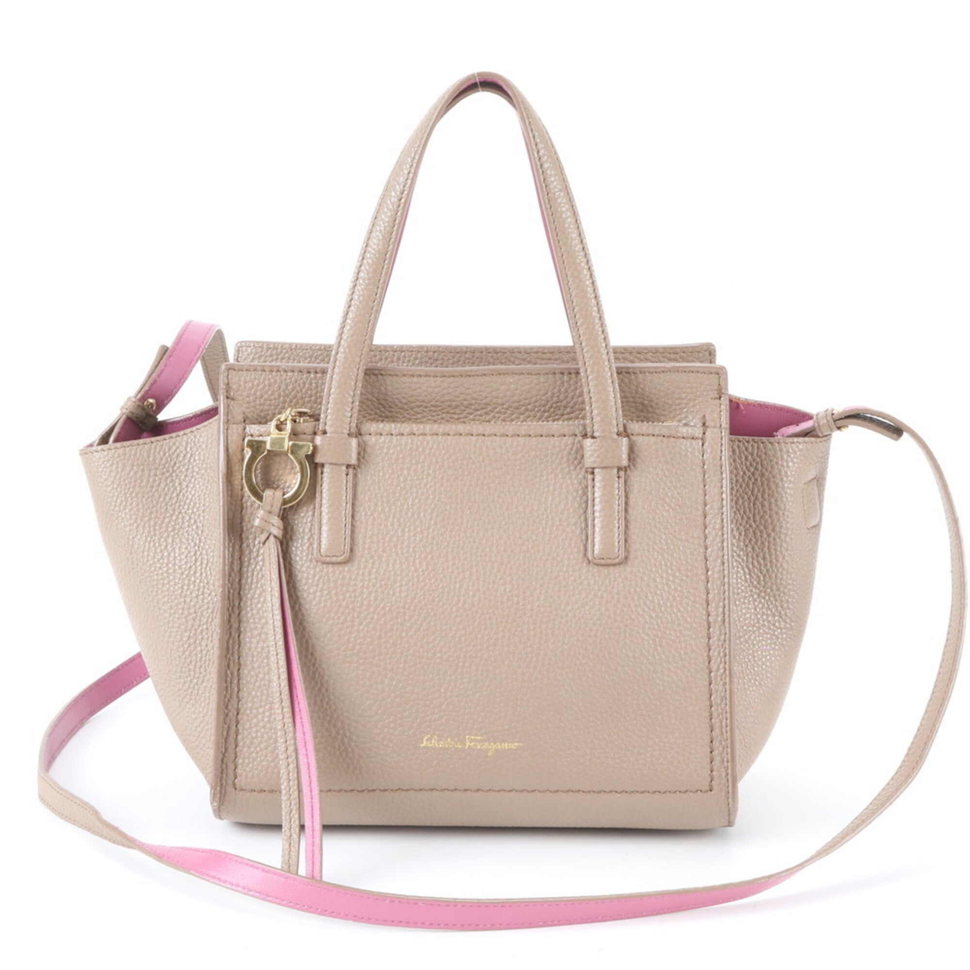 Salvatore Ferragamo Gancini Beige Leather Shoulder Bag Tote Bag (Pre-Owned)