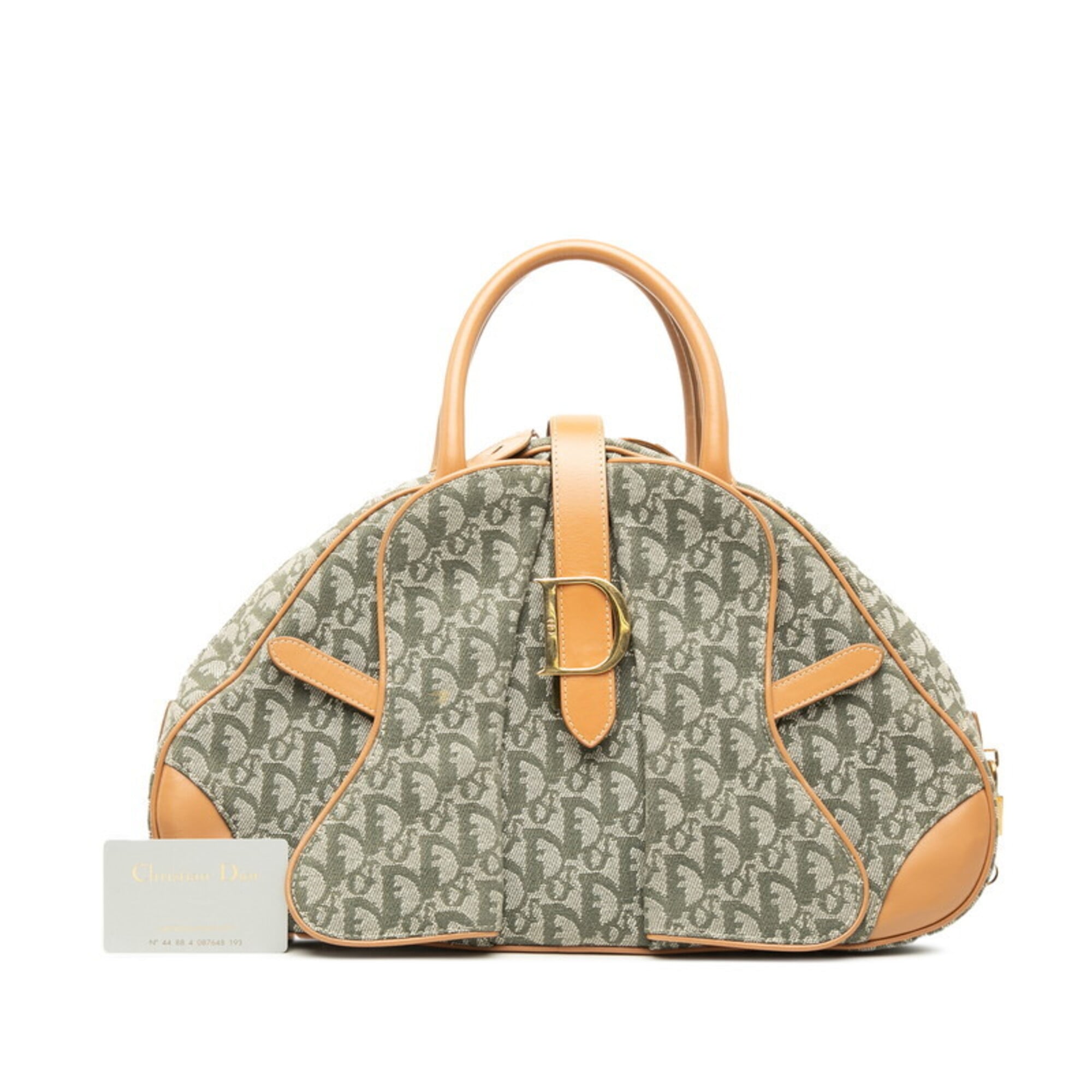 Christian Dior Beige Green Canvas Leather Handbag (Pre-Owned)