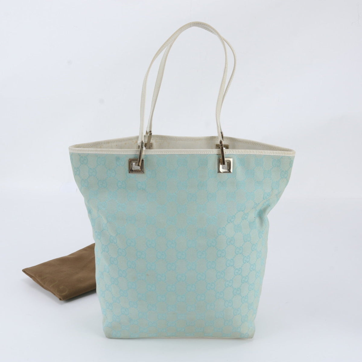 Gucci Light Blue Leather Canvas Handbag Shoulder Bag Tote Bag (Pre-Owned)