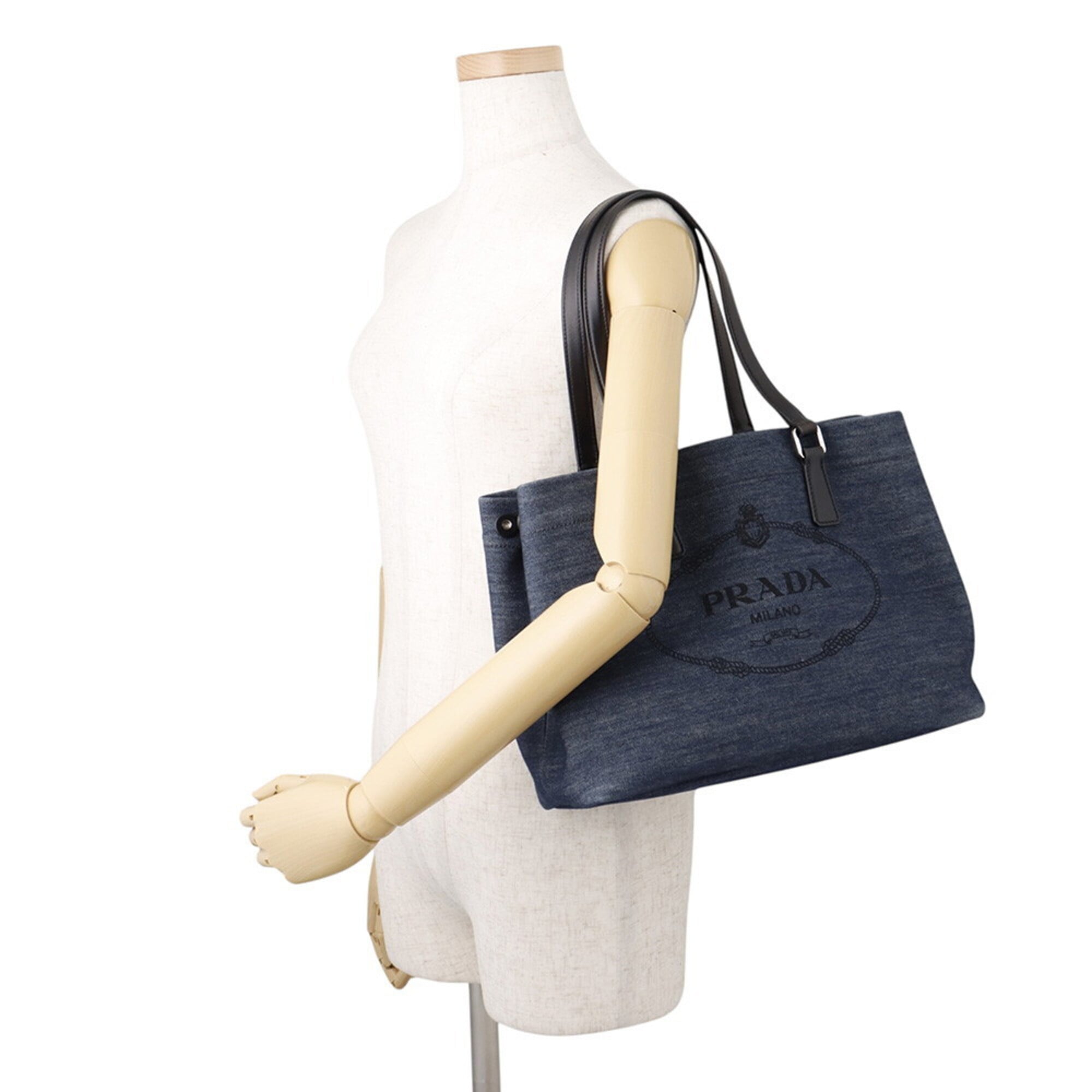 Prada Black Blue Cotton Leather Shoulder Bag Tote Bag (Pre-Owned)