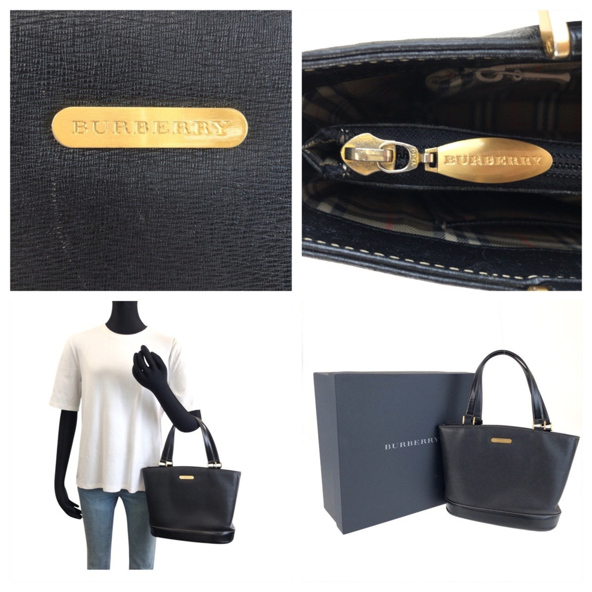 Burberry Black Leather Handbag Tote Bag (Pre-Owned)