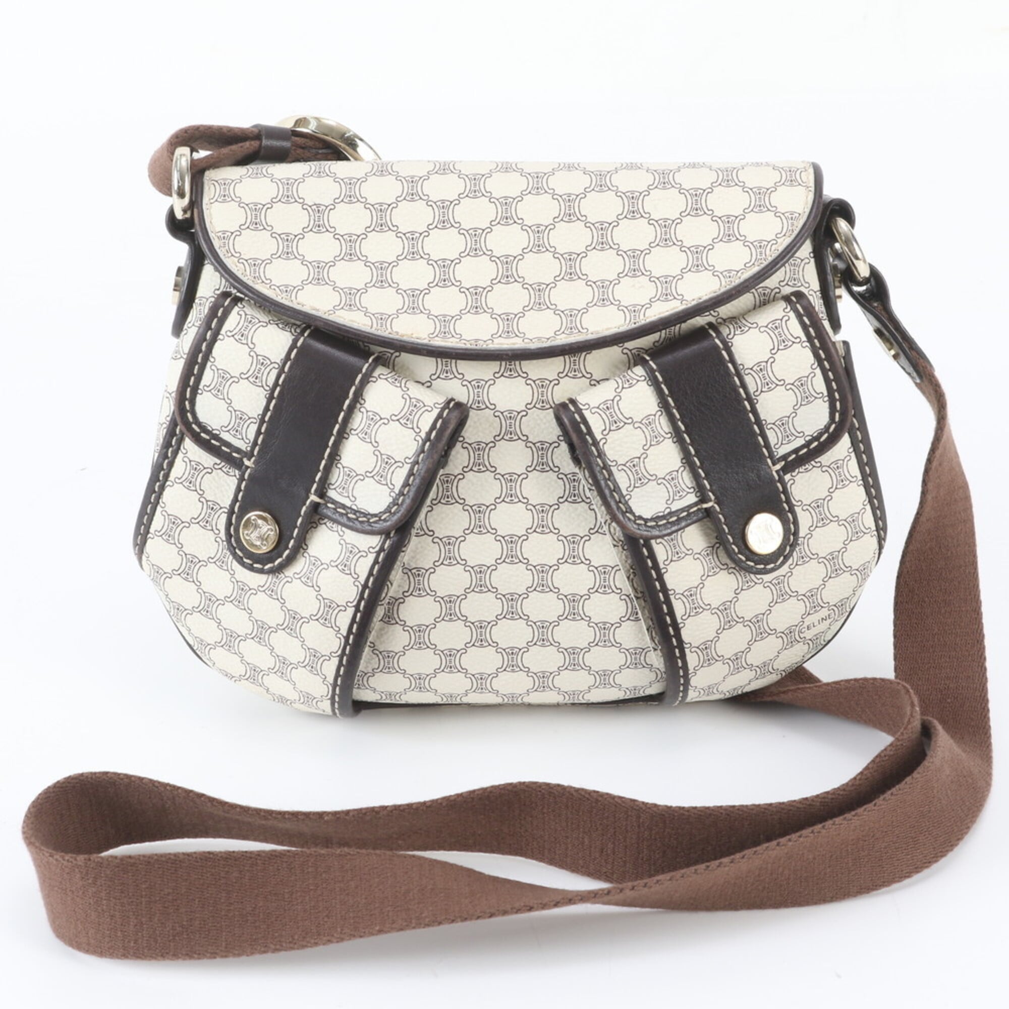 Celine Brown Ivory Leather Coated Canvas Shoulder Bag (Pre-Owned)