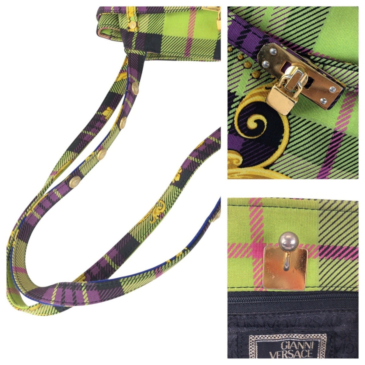 Versace Blue Green Yellow Canvas Shoulder Bag Tote Bag (Pre-Owned)