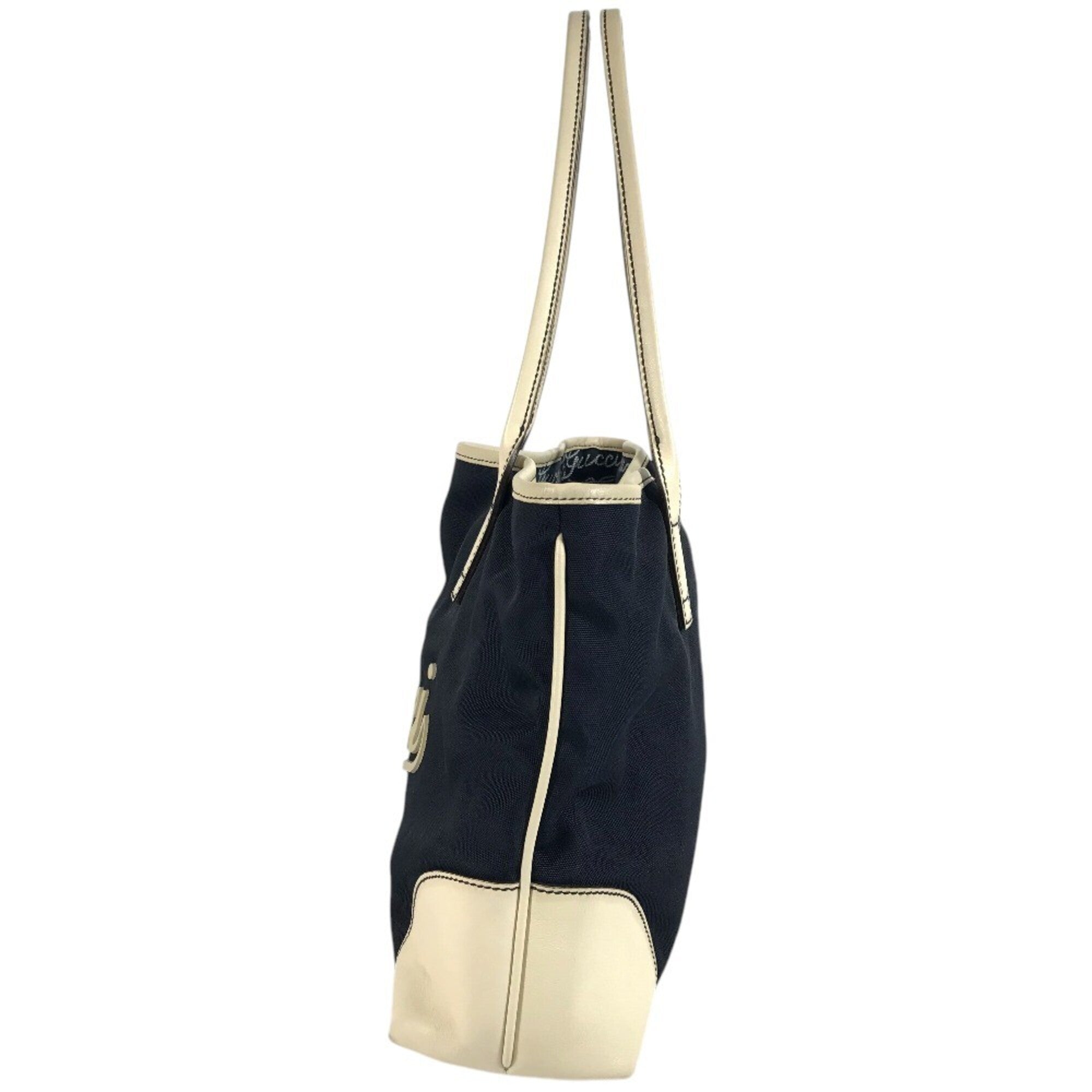 Gucci Gg Canvas Navy White Leather Canvas Handbag Shoulder Bag Tote Bag (Pre-Owned)