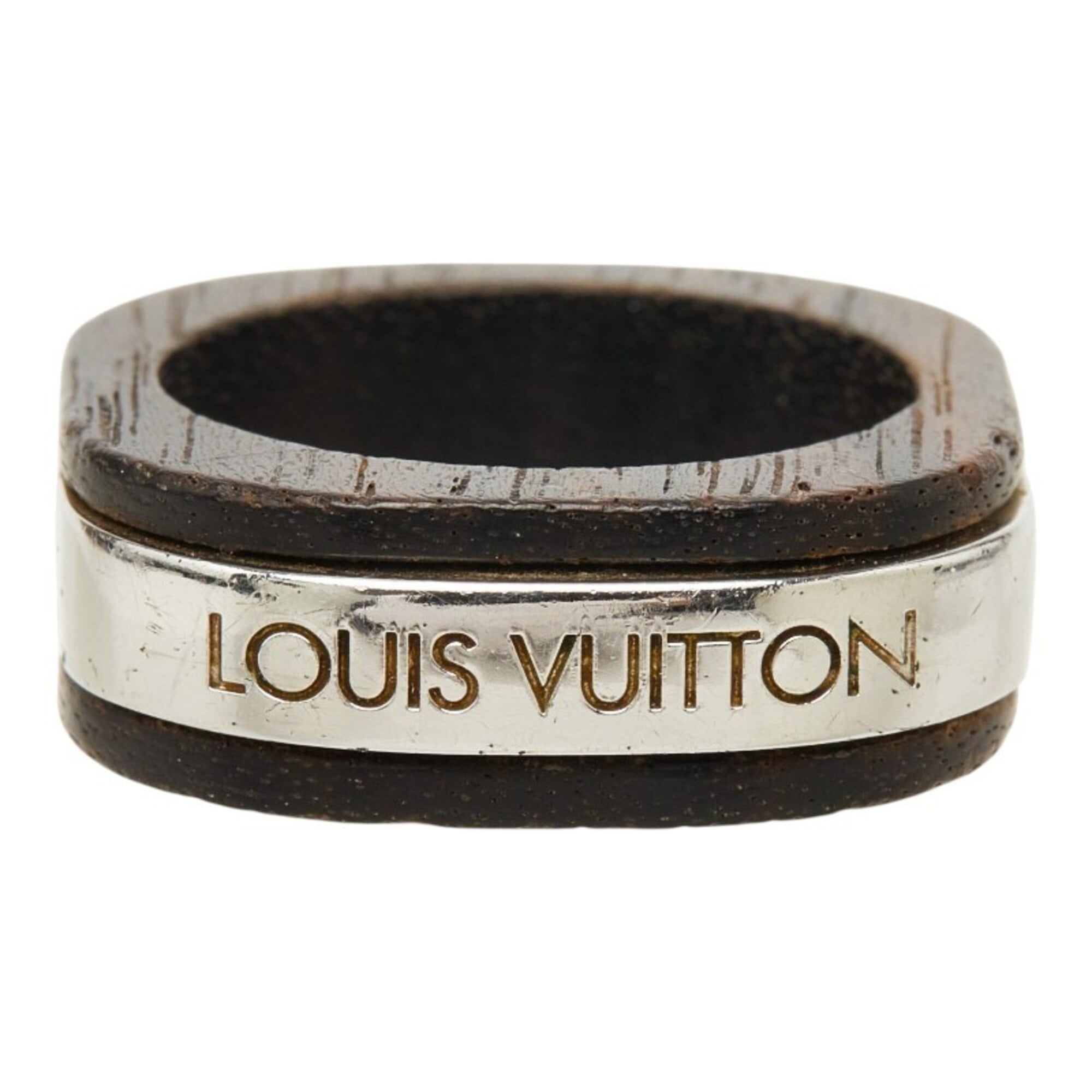 Louis Vuitton Silver Brown Metal Wood Band Ring (Pre-Owned)