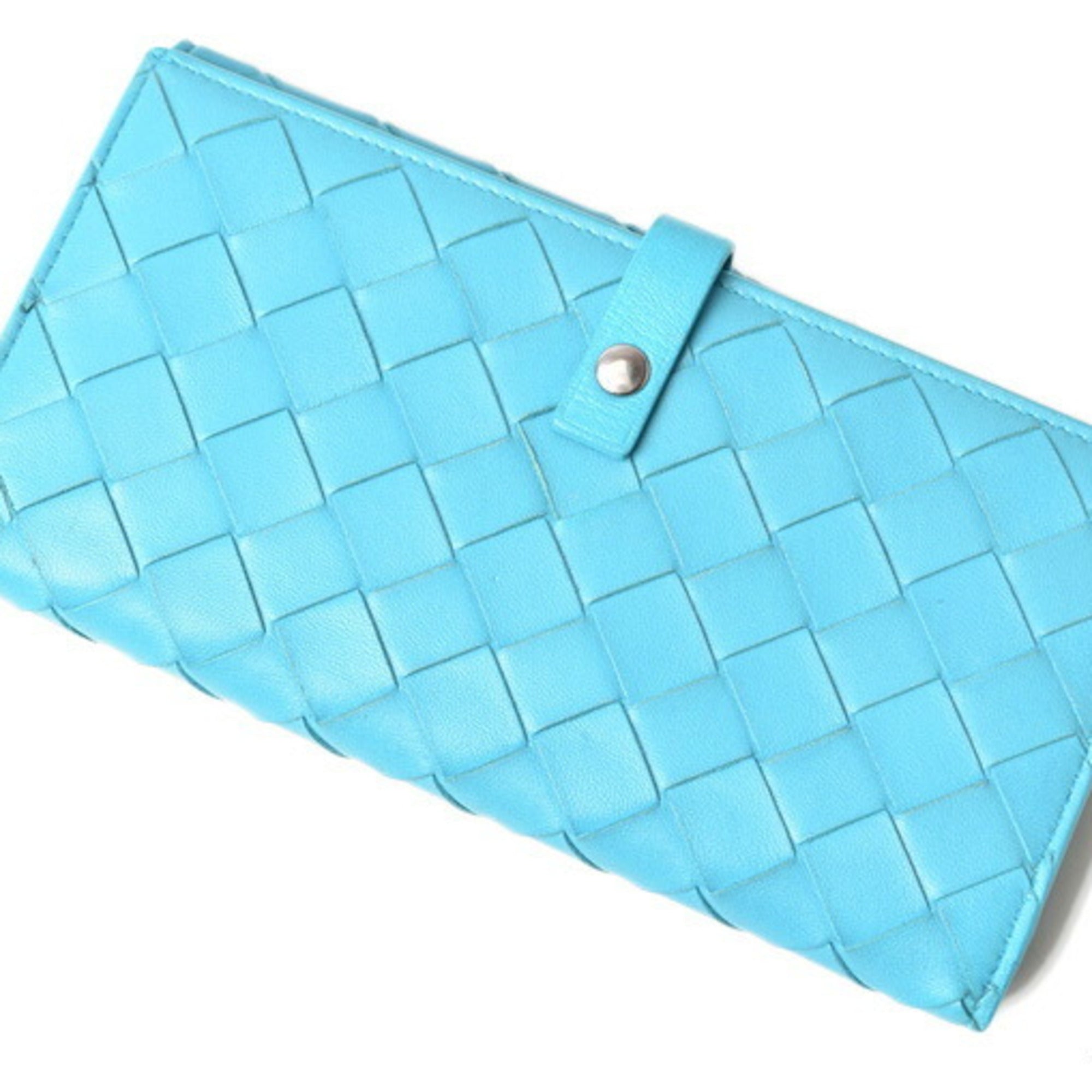 Bottega Veneta Intrecciato Light Blue Leather Long Wallet (Bi-Fold) (Pre-Owned)