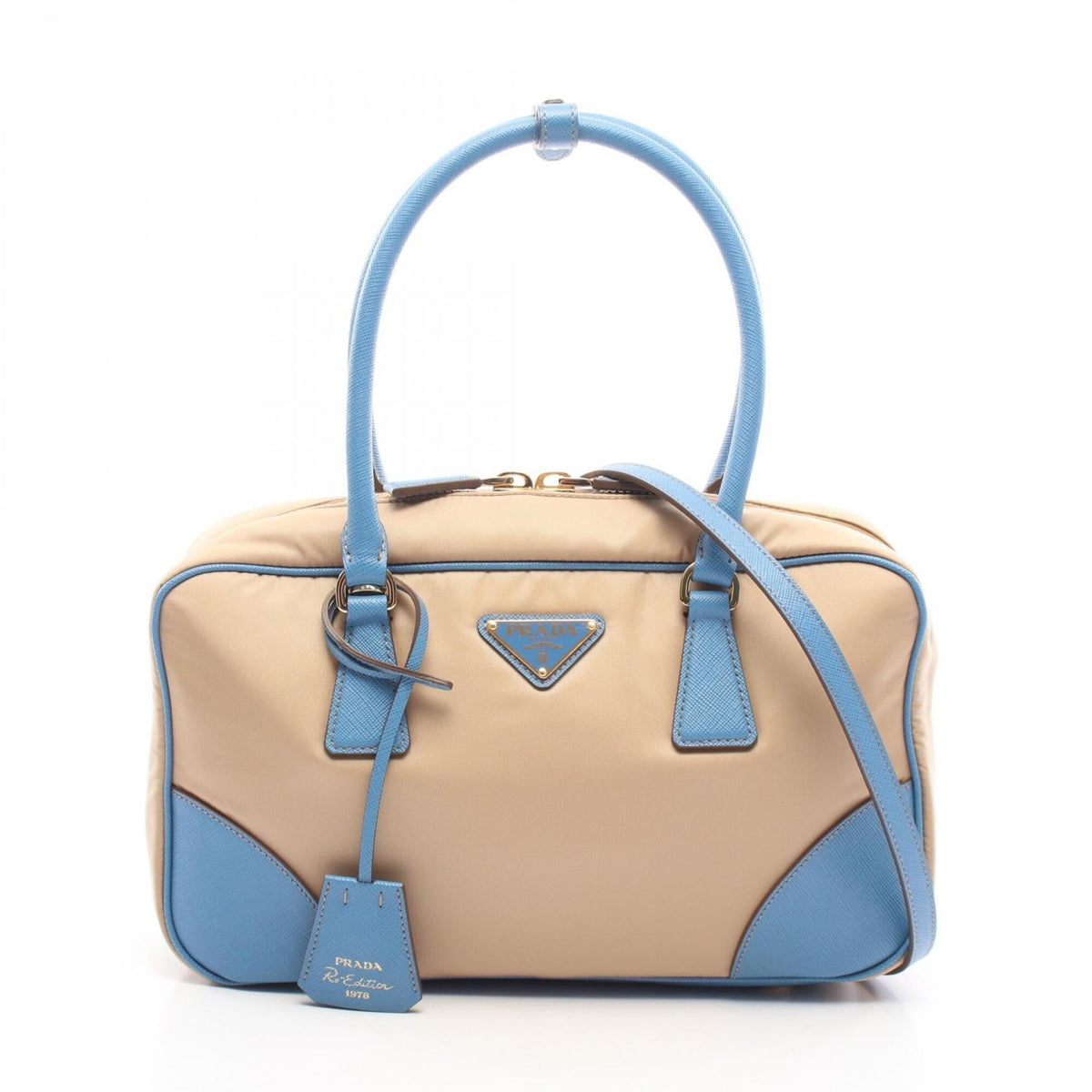 Prada Beige Blue Nylon Saffiano Triangle Handbag (Pre-Owned)