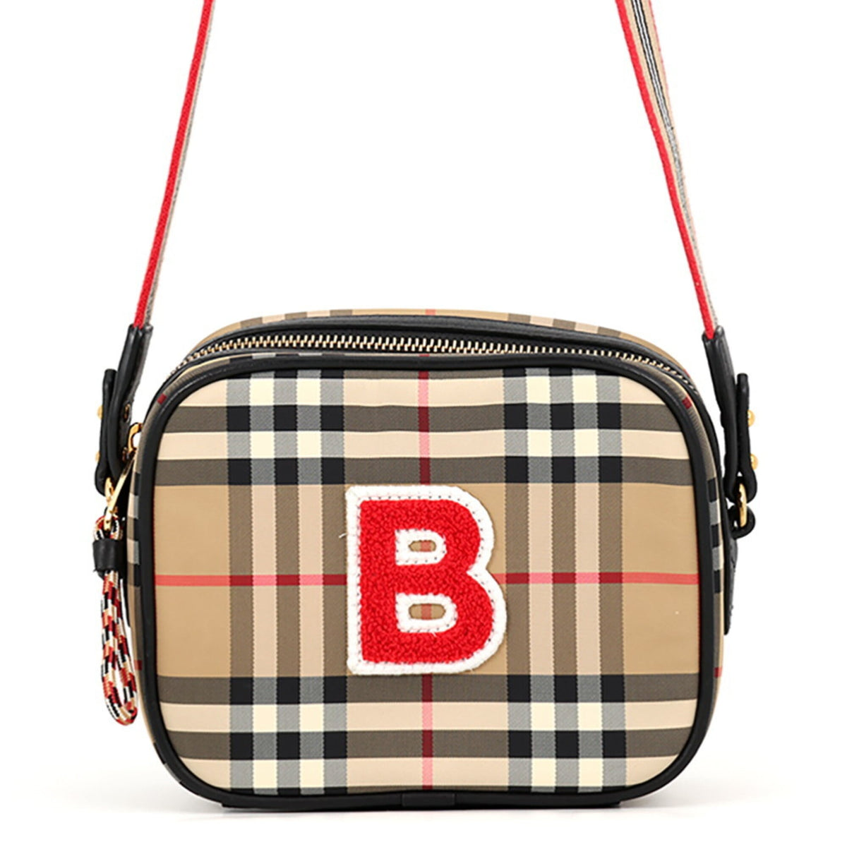 Burberry Beige Black Red Color Nylon Leather Handbag Shoulder Bag (Pre-Owned)