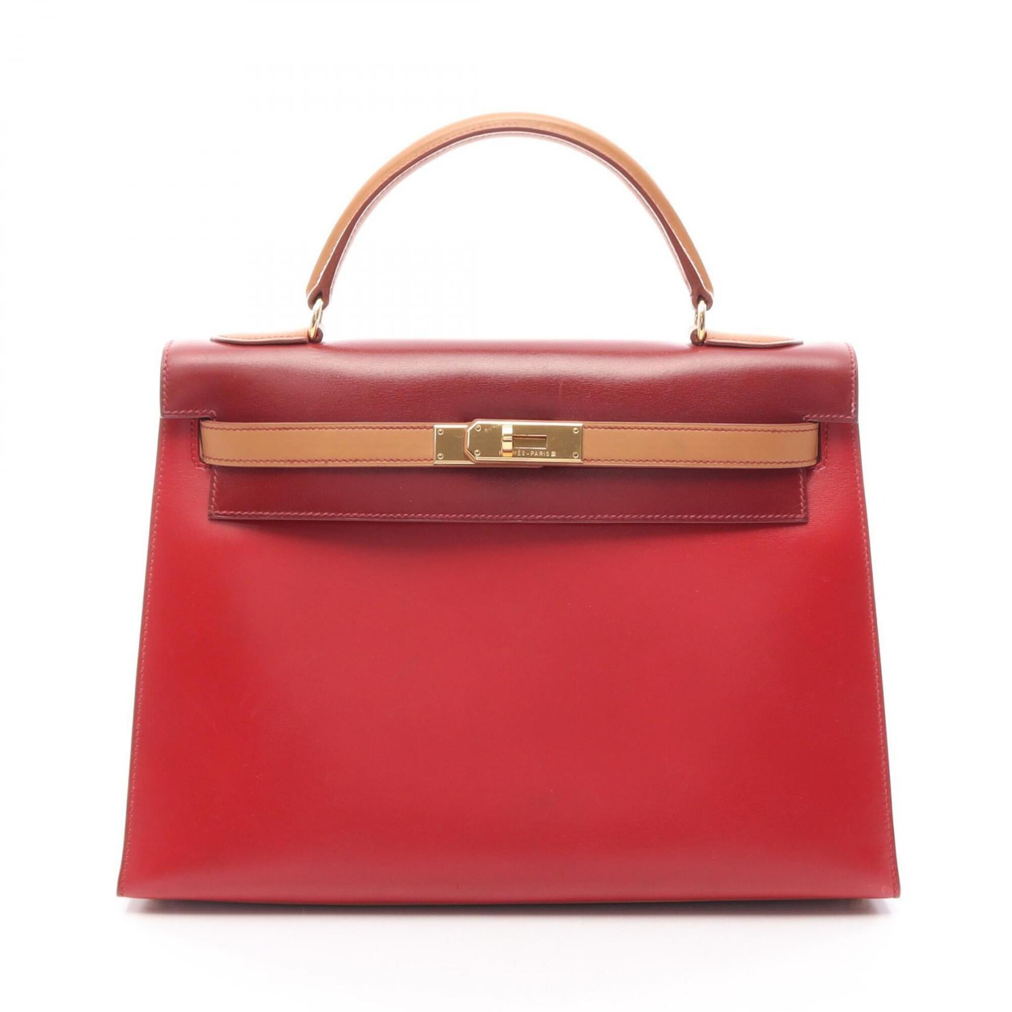 Hermes Bordeaux Brown Red Color Box Calf Leather Leather Handbag (Pre-Owned)