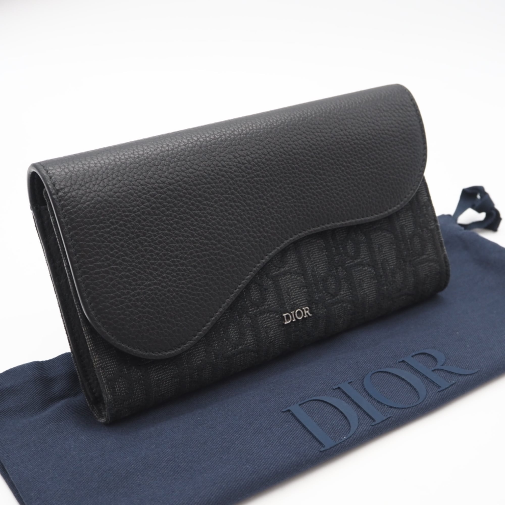 Christian Dior Black Gray Leather Canvas Long Wallet (Bi-Fold) (Pre-Owned)