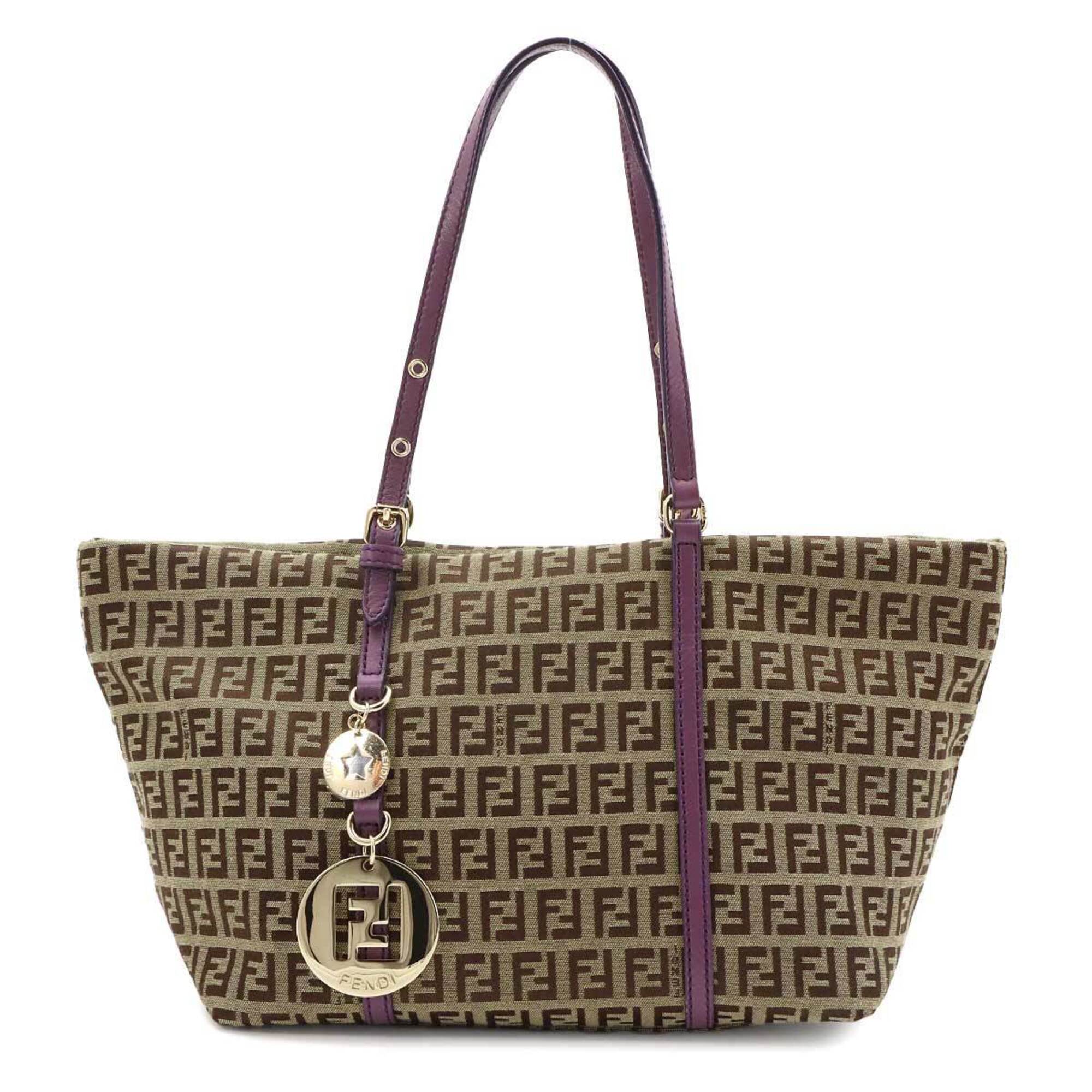 Fendi Beige Purple Canvas Leather Handbag Tote Bag (Pre-Owned)