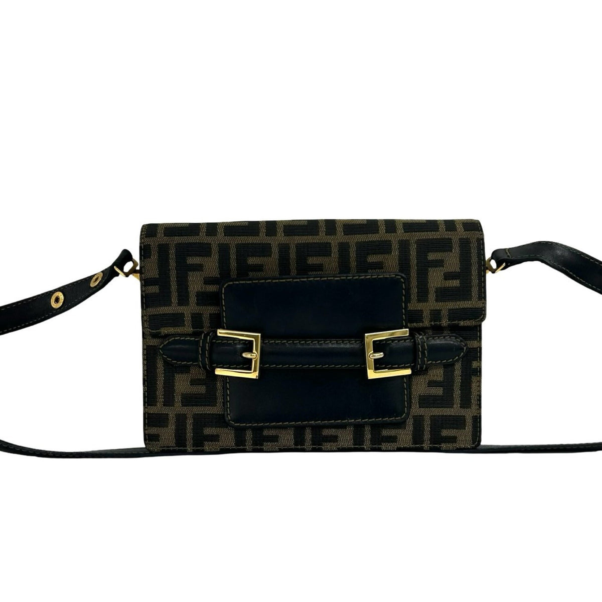 Fendi Black Brown Canvas Leather Pochette Shoulder Bag (Pre-Owned)