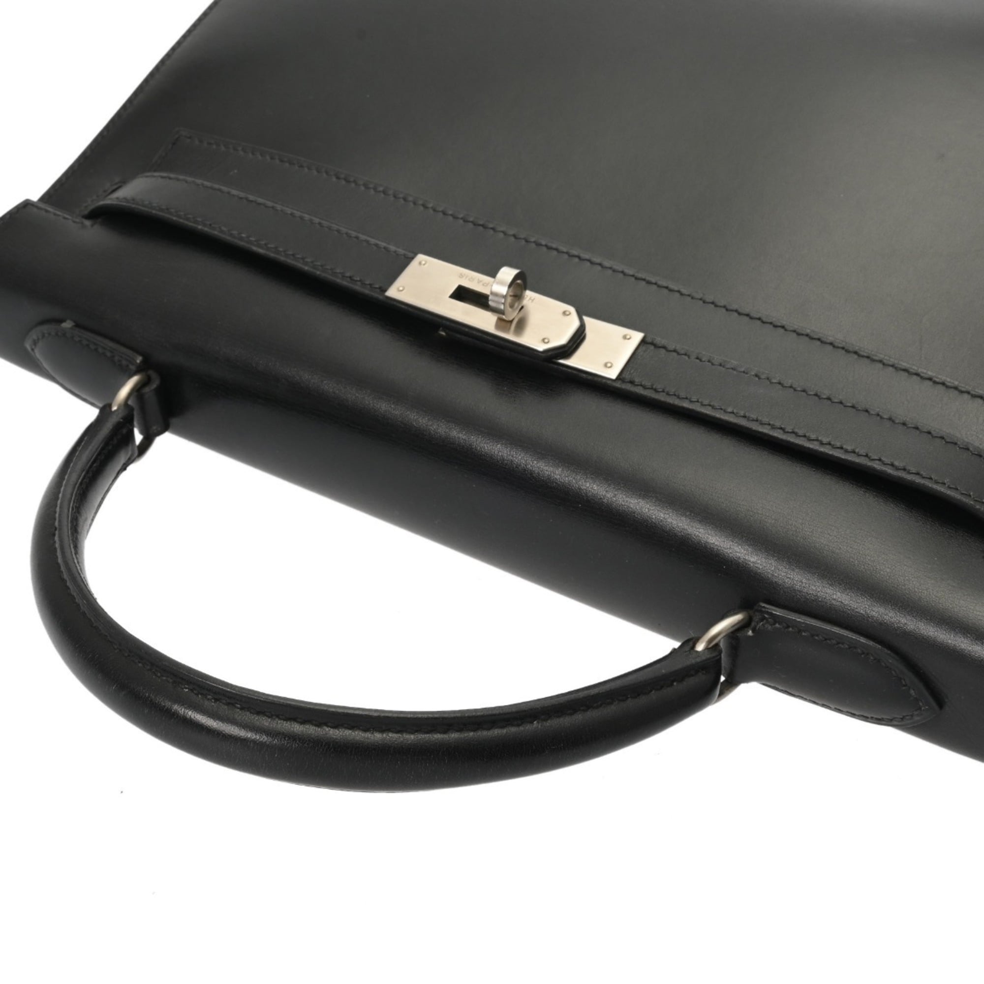 Hermes Kelly Black Matte Silver Box Calf Leather Shopping Bag (Pre-Owned)