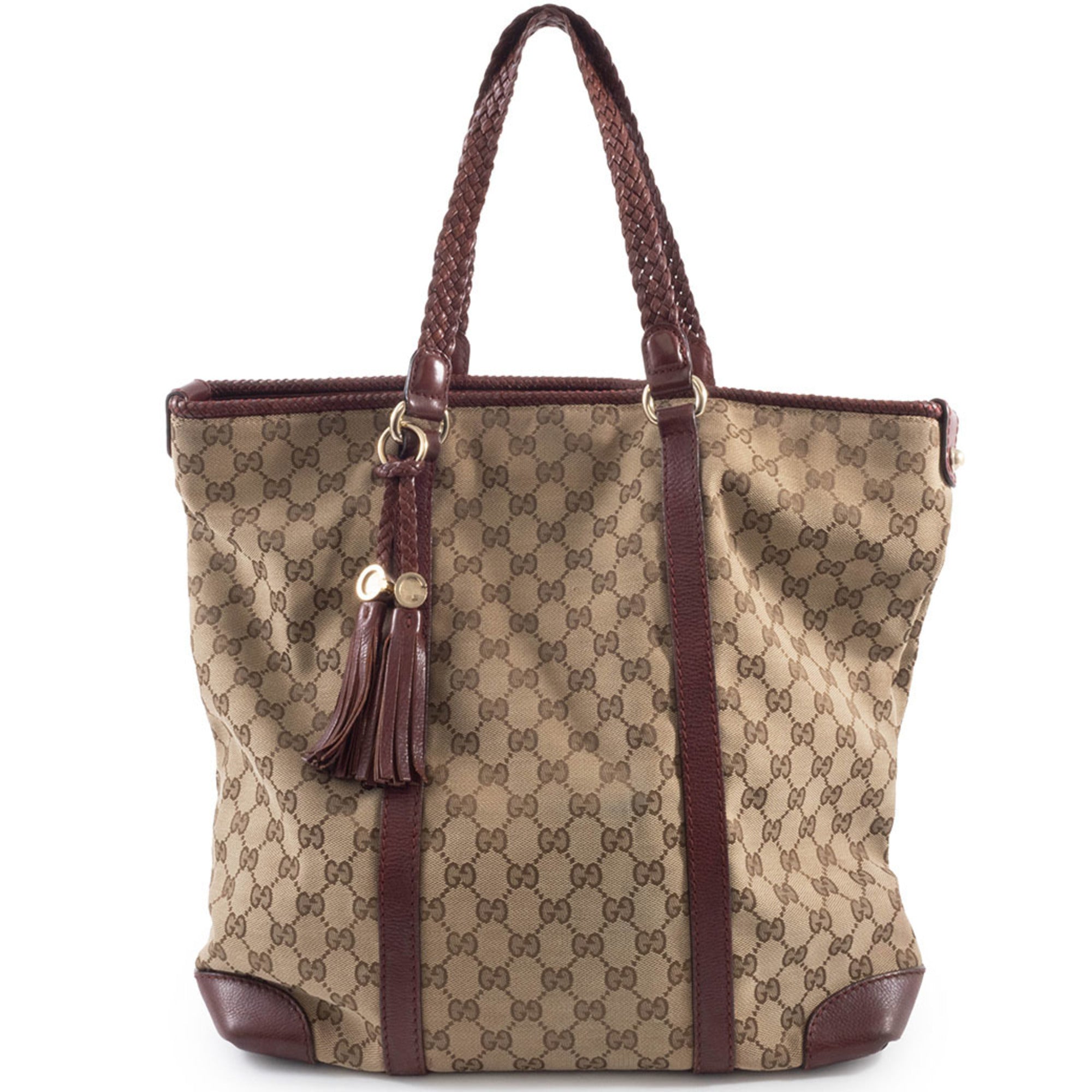 Gucci Gg Canvas Beige Brown Gg Canvas Leather Tote Bag (Pre-Owned)