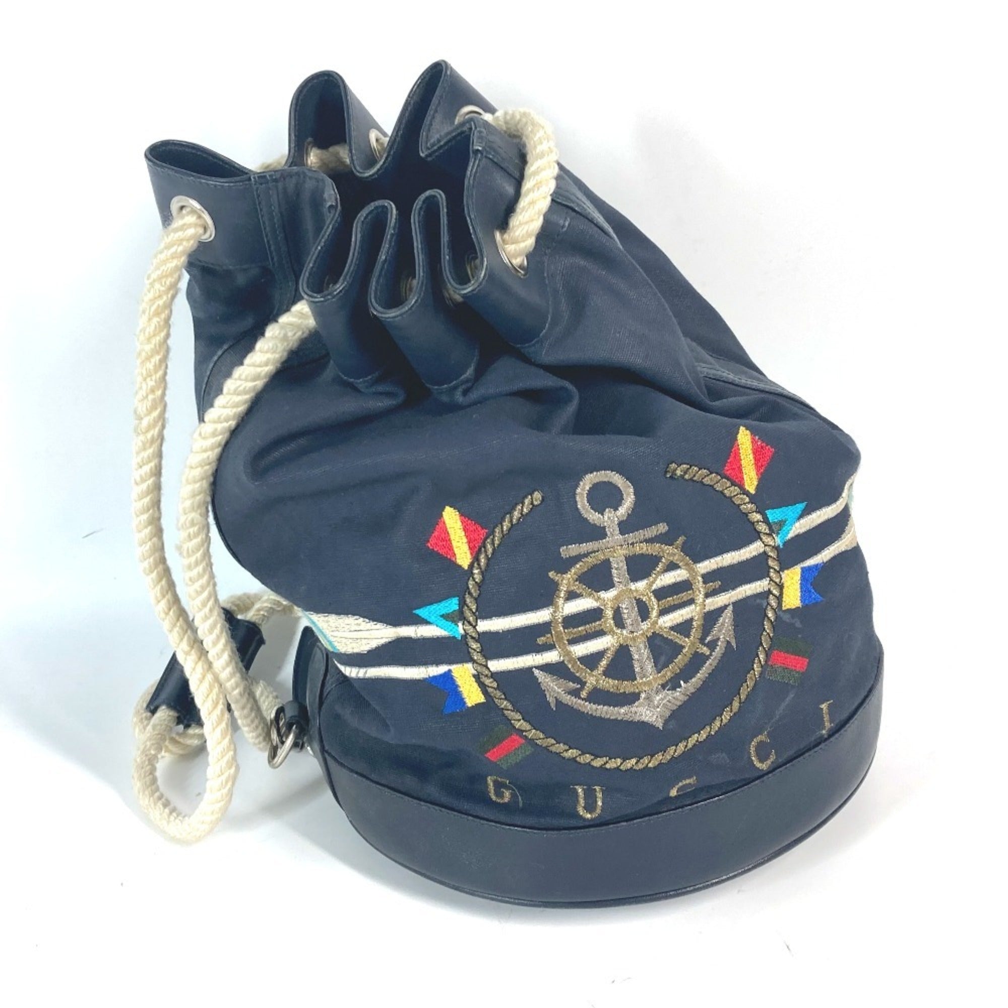 Gucci Navy Coated Canvas Leather Shoulder Bag (Pre-Owned)