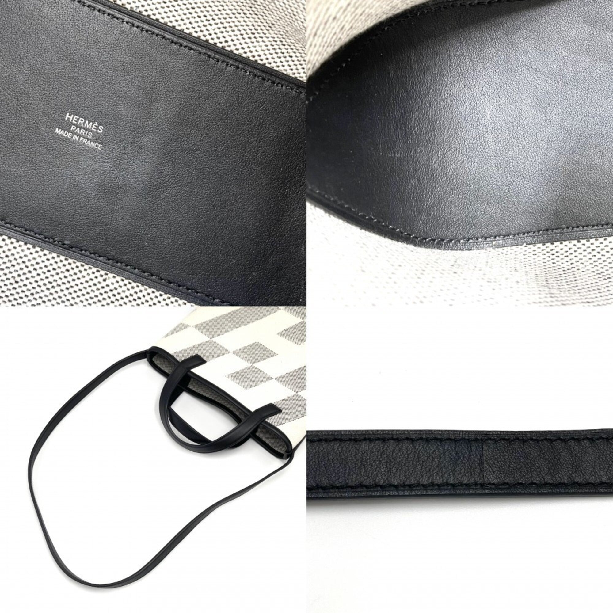 Hermes Beige Black Canvas Leather Handbag Shoulder Bag (Pre-Owned)